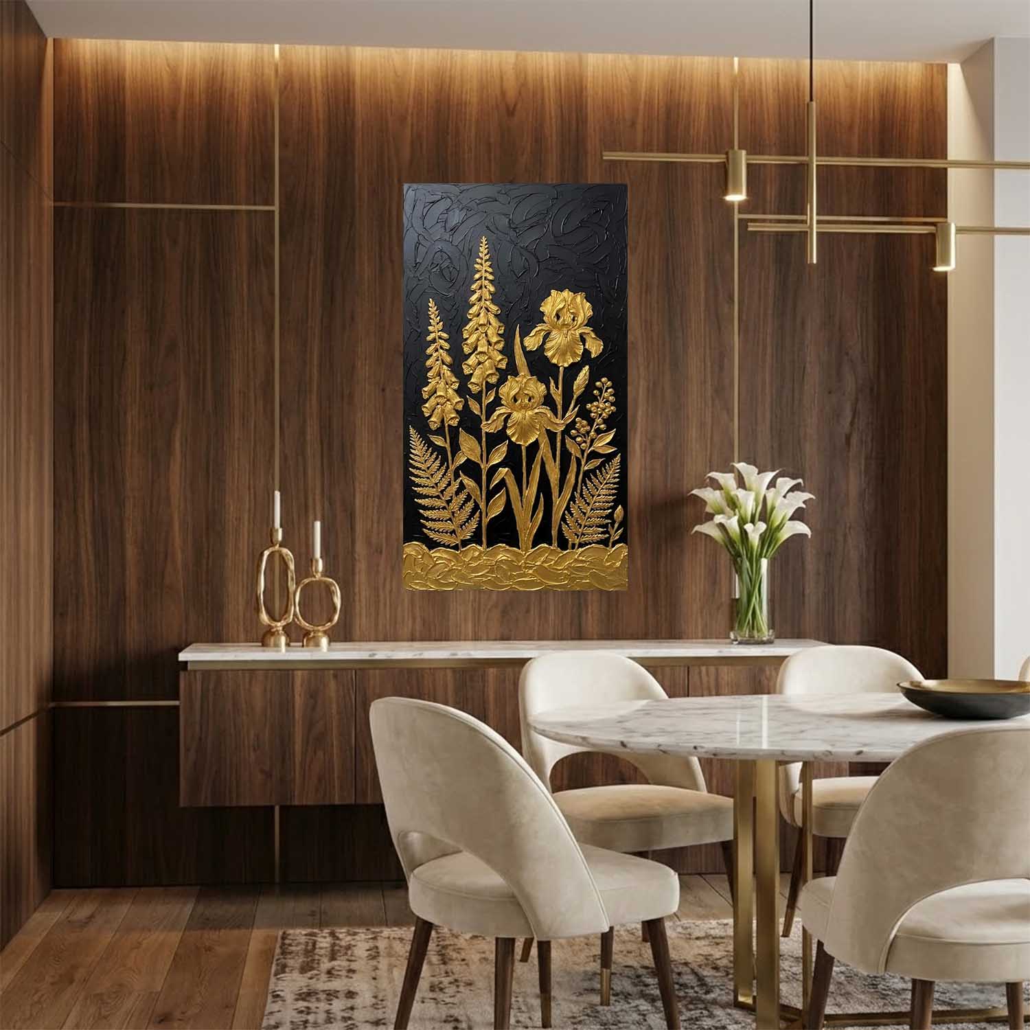 3D Textured Foxglove Iris And Fern Wall Art, Luxury Dark Forest Decor For Entryway