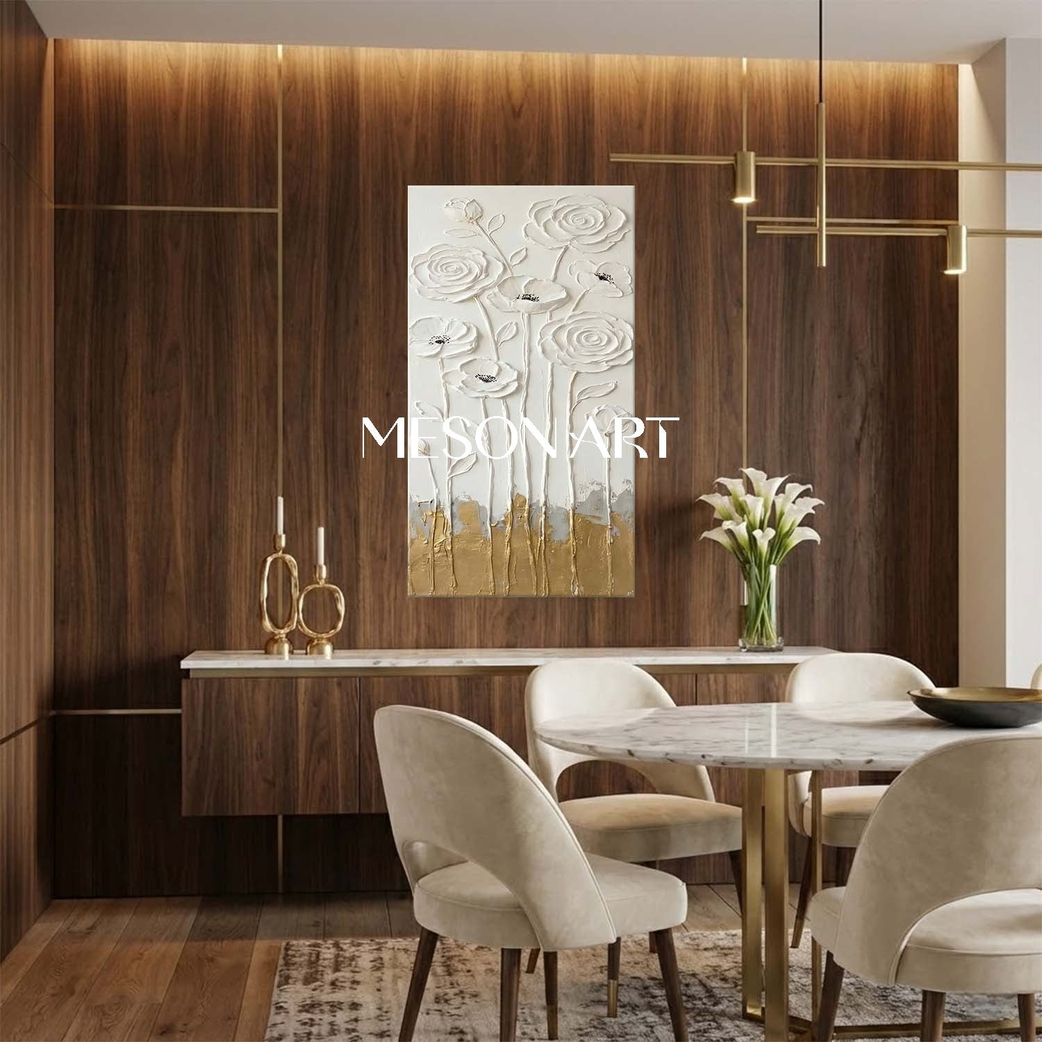 Large Plaster Floral Art on Canvas Textured Minimalist Wall Decor