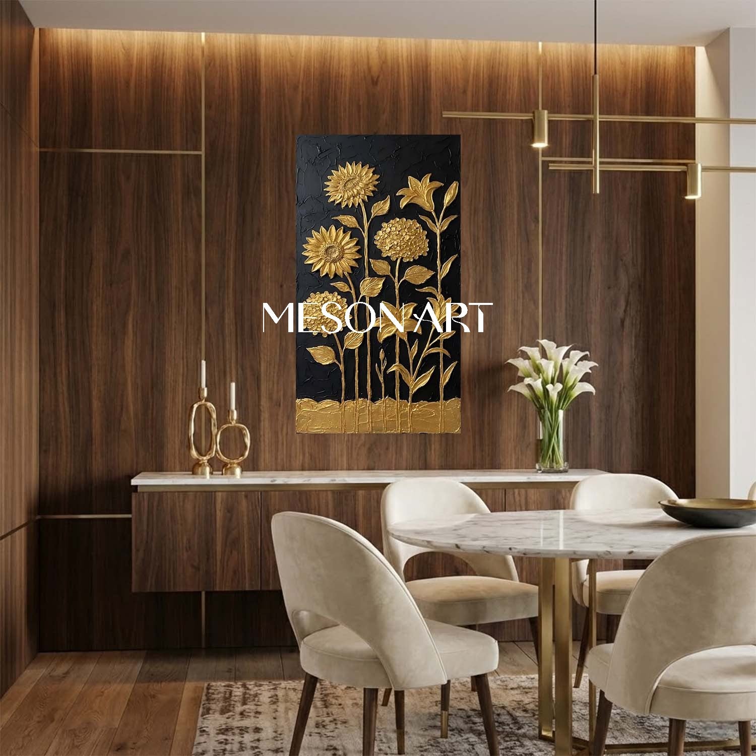 Vertical Black And Gold Sunflower Canvas Art | 3D Hydrangea Decor