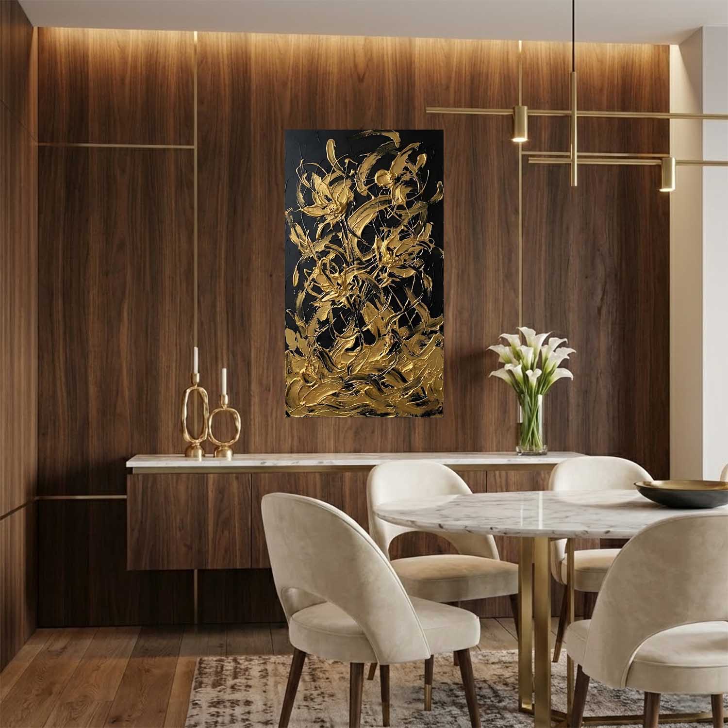 3D Gold and Black Abstract Textured Painting, Abstract Floral Canvas Art