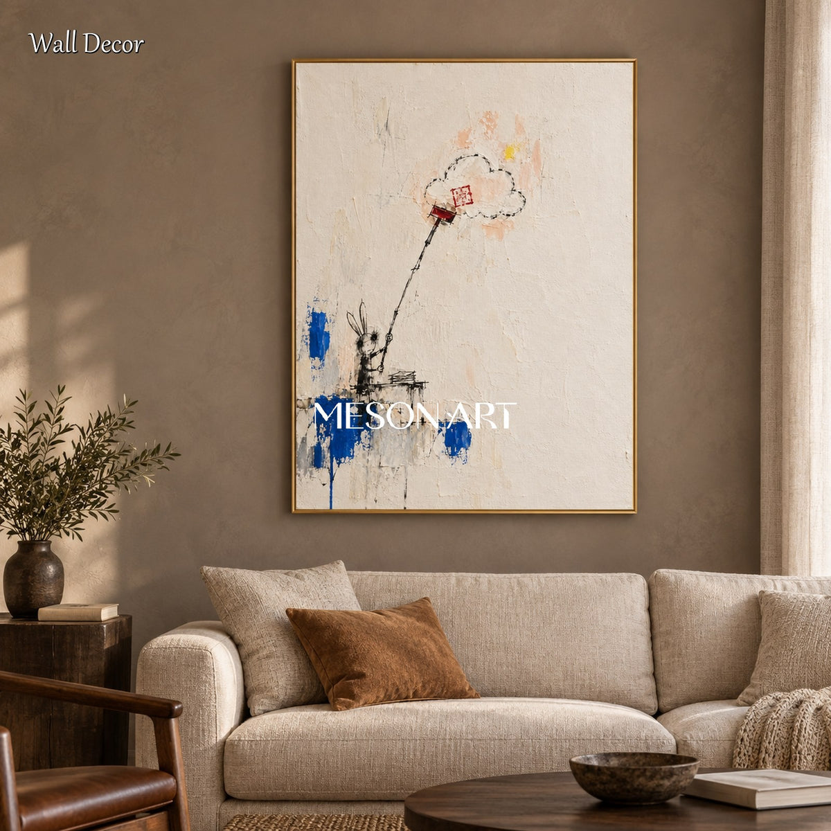White And Blue Graffiti Abstract Art Modern Canvas Wall Decor Rectangular For Living Room By Mesonart