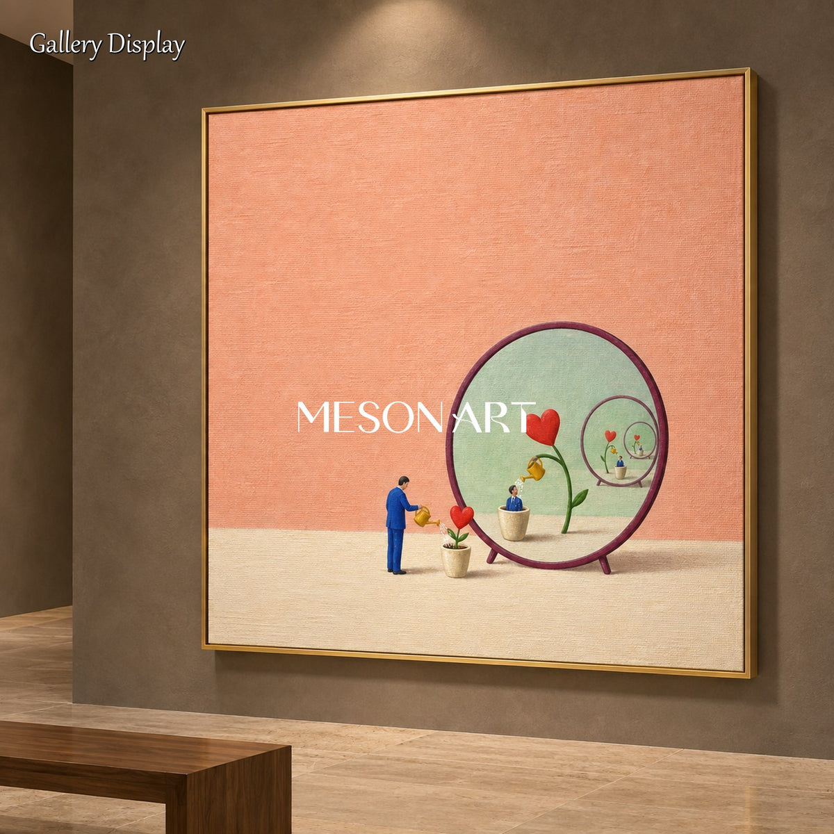 Quadro surreale con specchio rosa e rosso, opera d'arte originale da parete di forma quadrata, dipinto a mano dall'artista Mesonart