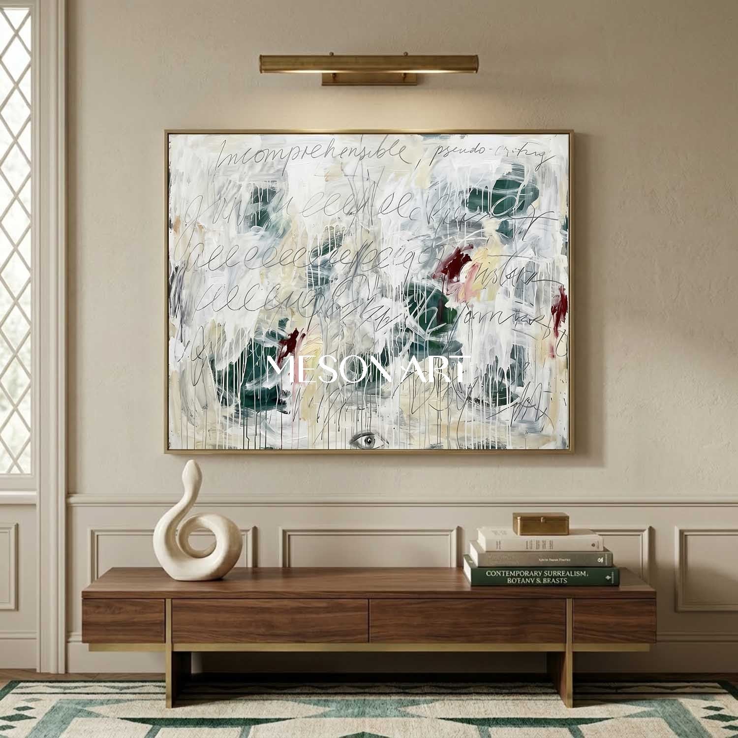 Large White Drip Graffiti Painting Handmade Textured Script Canvas Office
