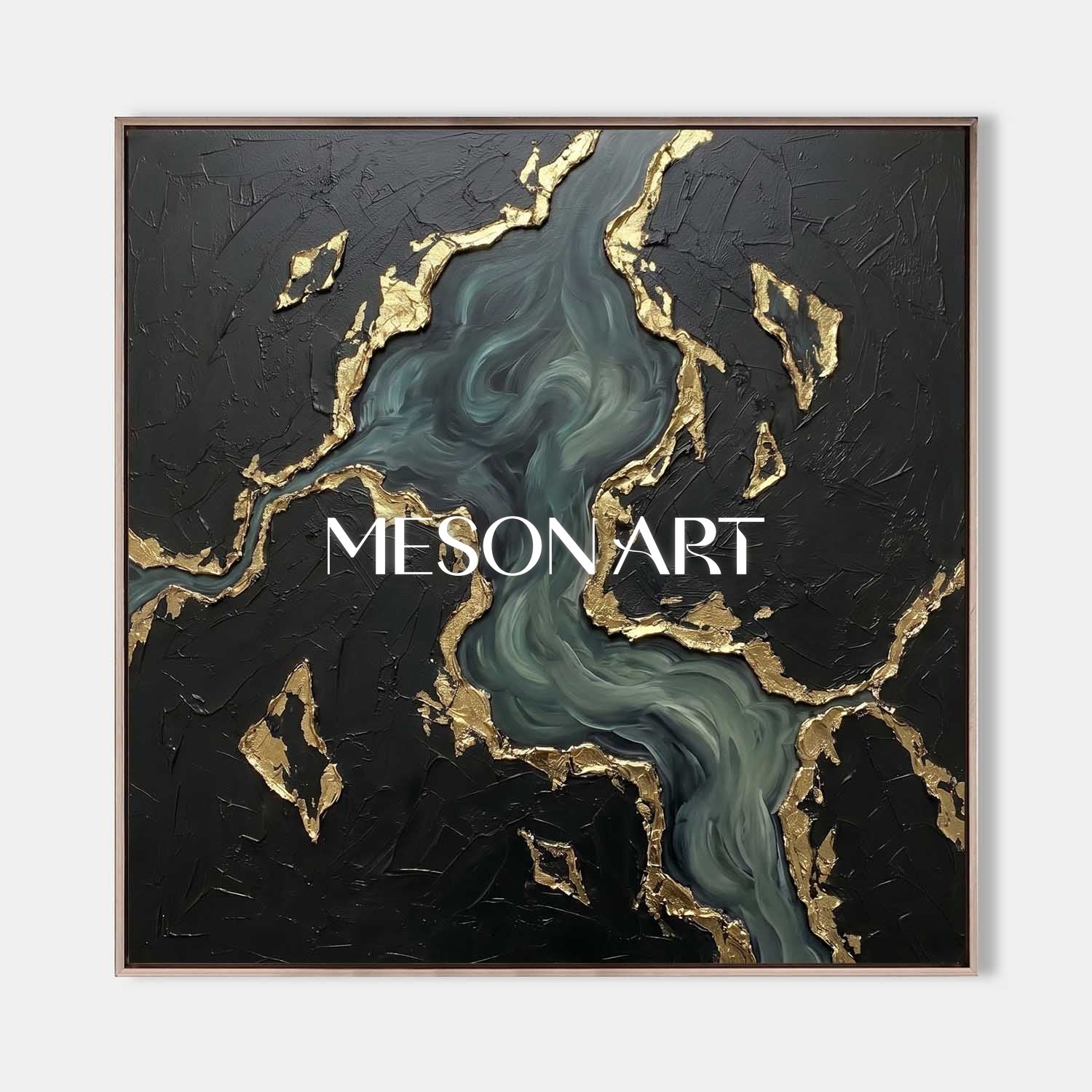 Luxury Black And Gold Plaster Abstract Art With Teal Ocean Waves