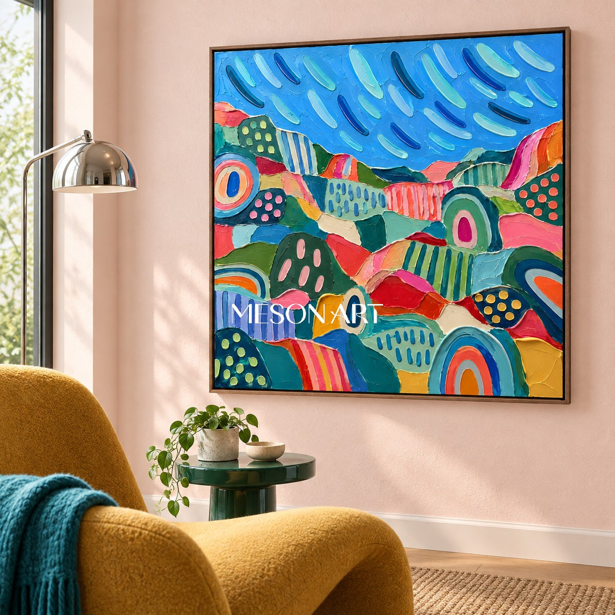 Blue And Green Abstract Landscape Painting Square Wall Art For Living Room By Mesonart