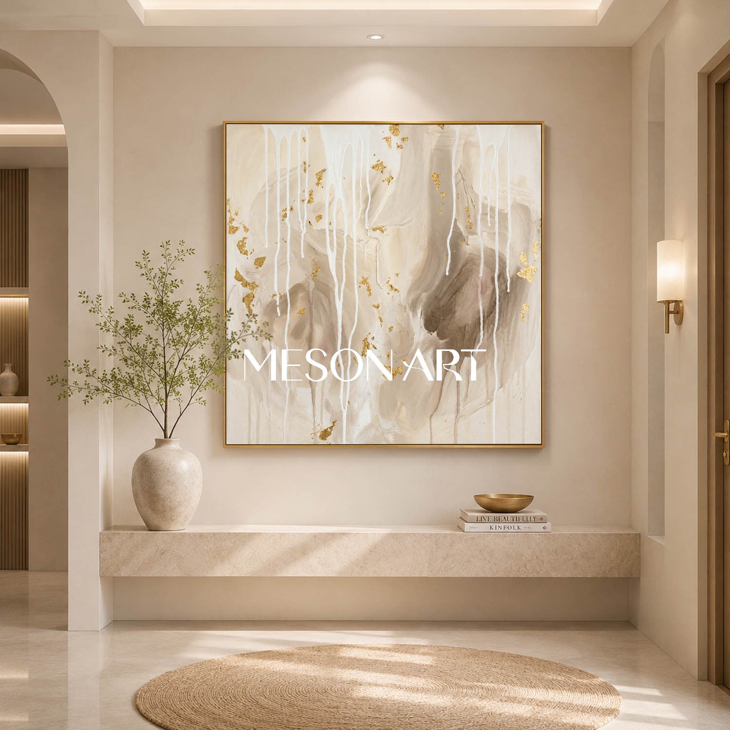Gilded Abstract Painting With Gold Leaf For Modern Living Room Decor