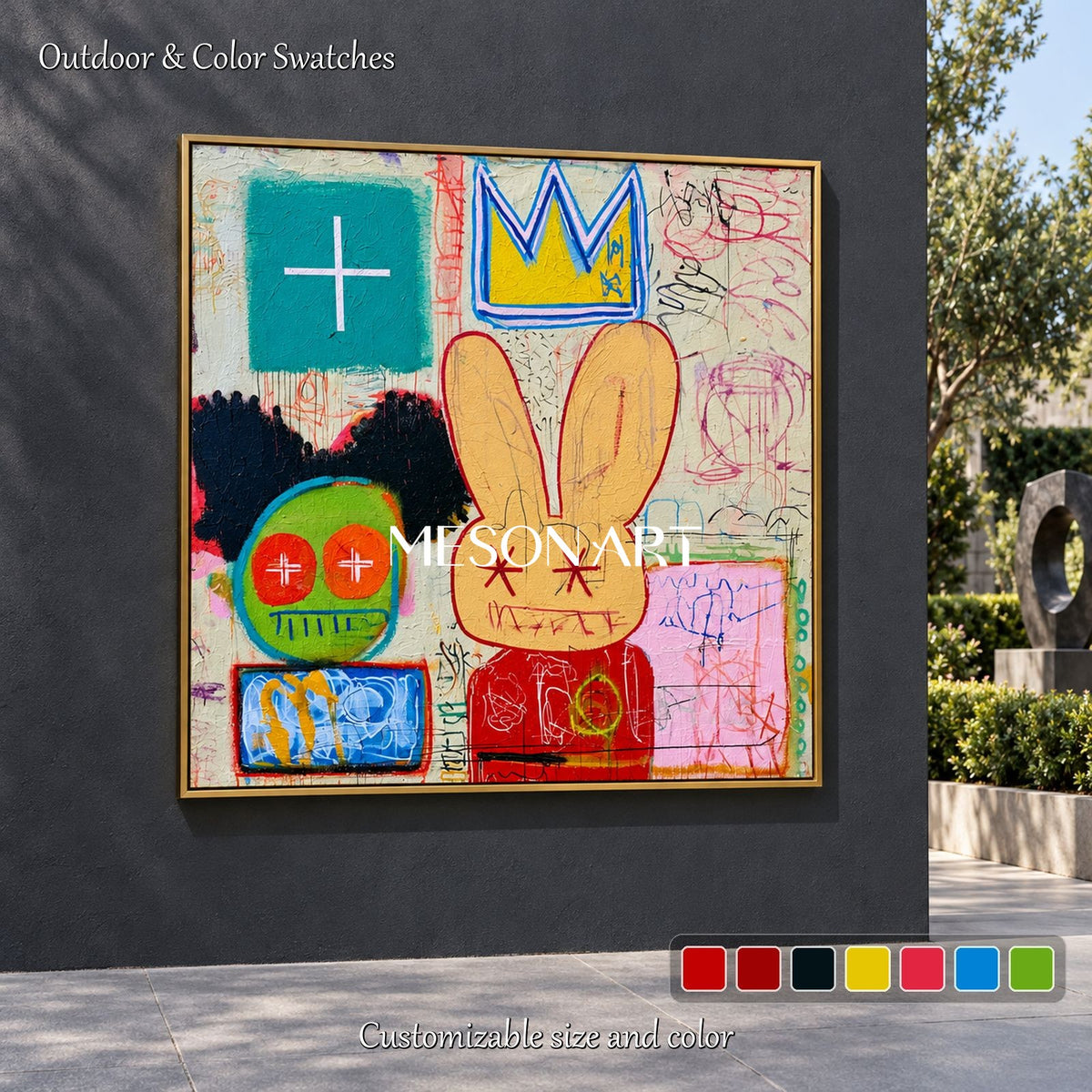 Red And Yellow Abstract Graffiti Rabbit Painting Square Wall Art For Living Room By Mesonart