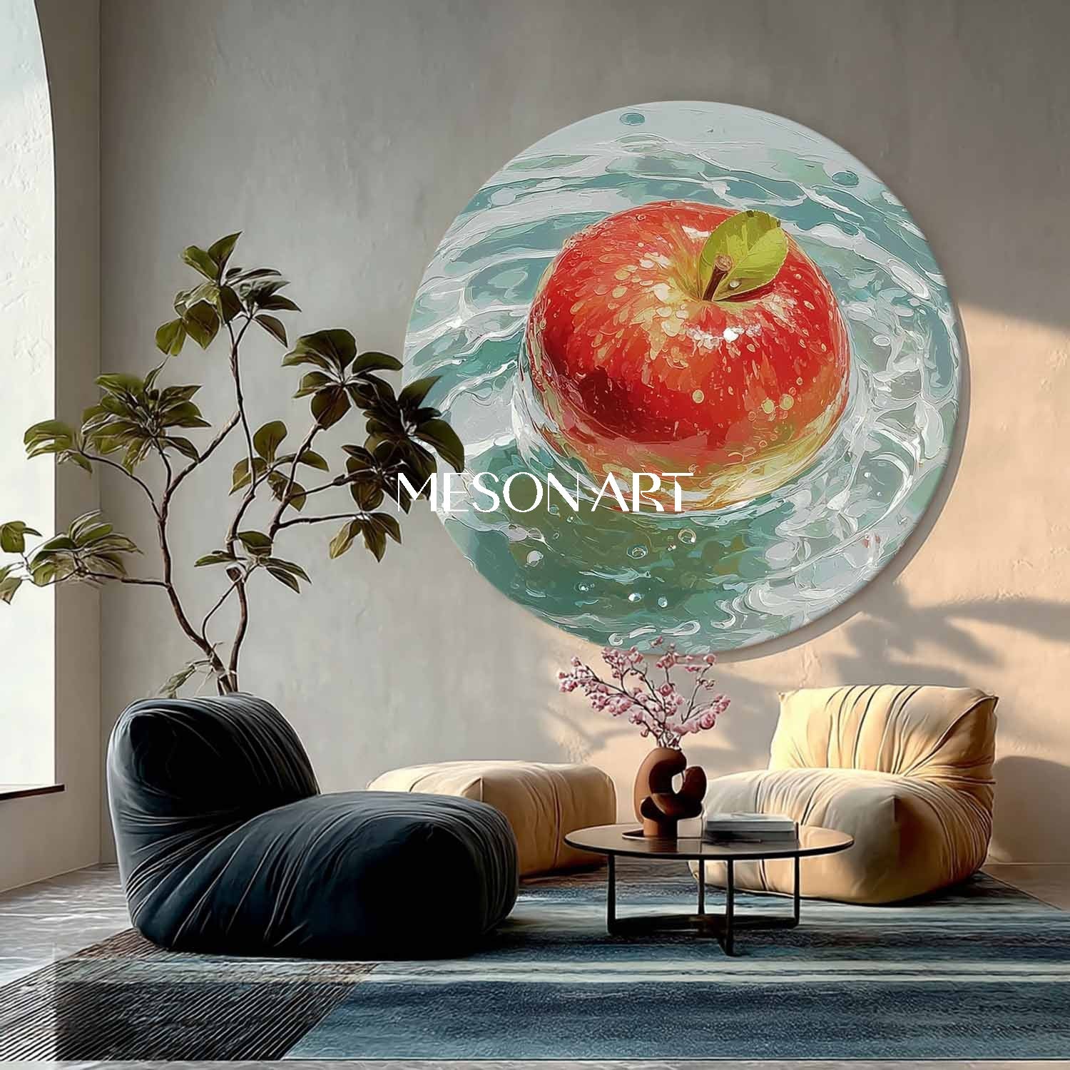 Red Apple Round Canvas Painting – Modern Still Life Wall Art