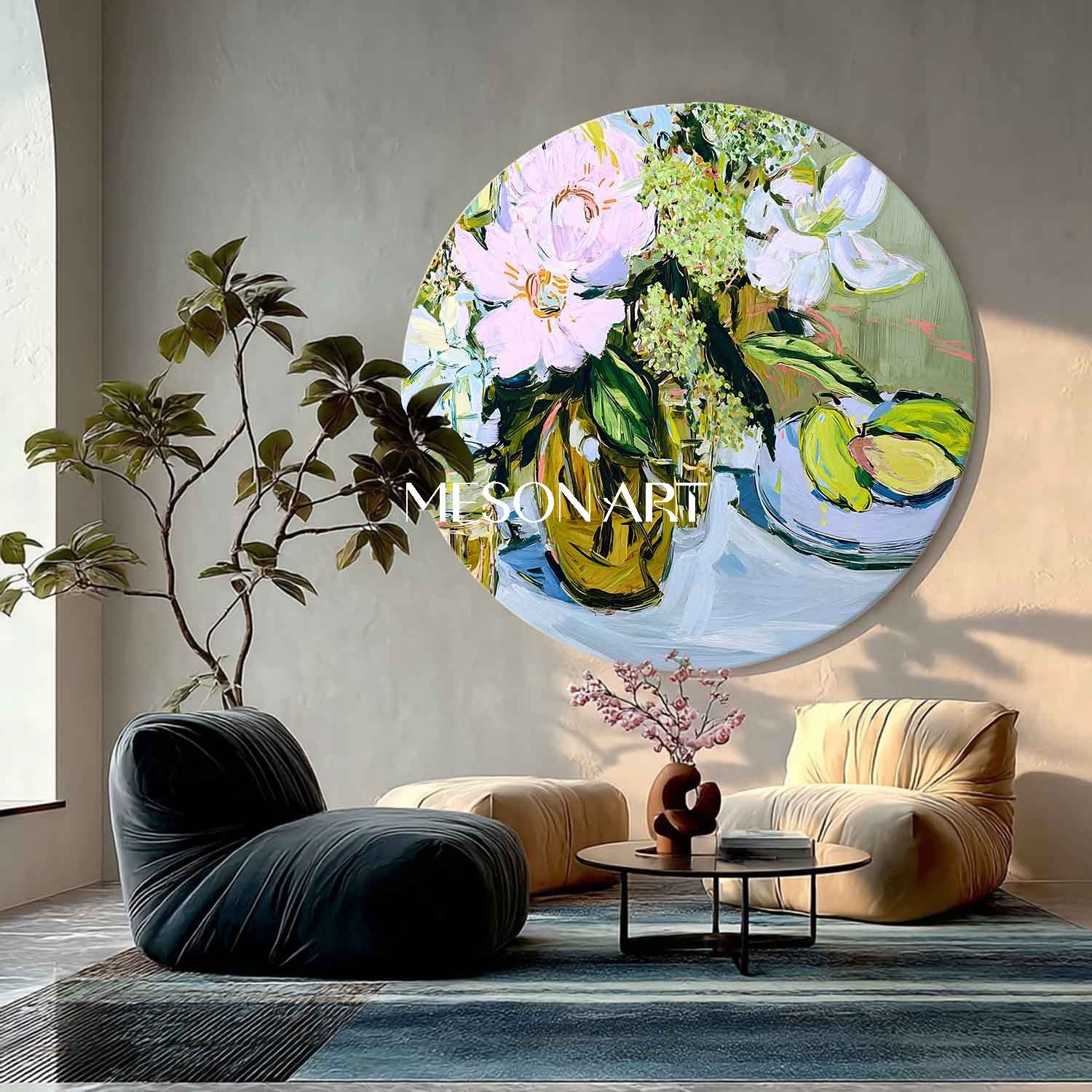 Round Floral Still Life Oil Painting – Vase and Fruit in Impasto