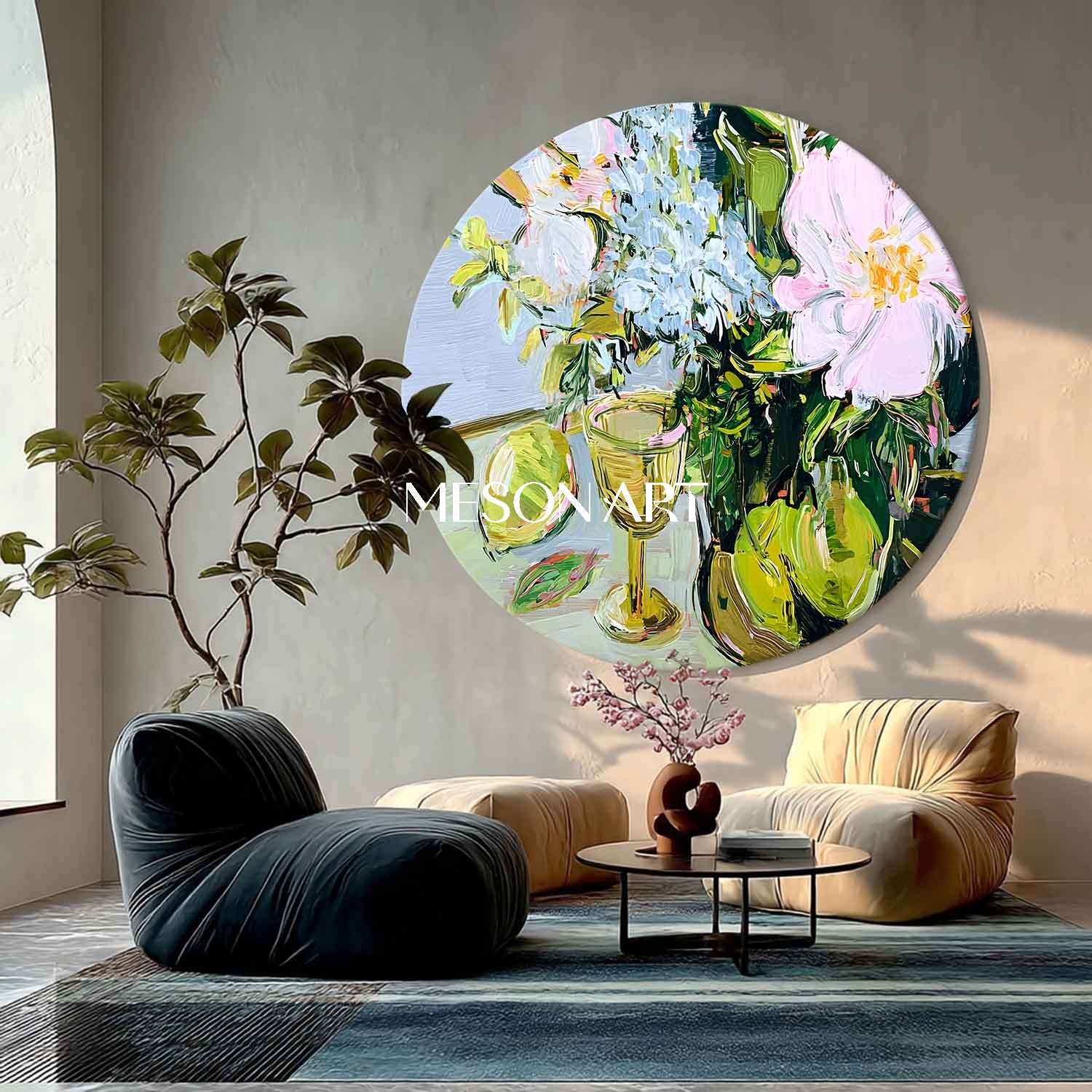 Round Floral Still Life Oil Painting – Vase and Fruit in Impasto