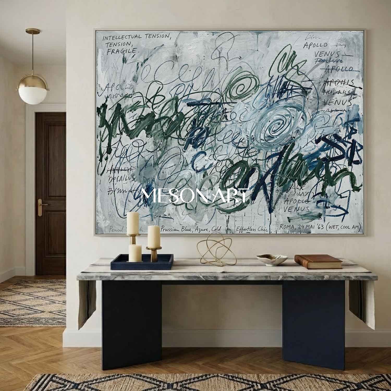 Original Prussian Blue Abstract Painting Large Scribble Art Statement