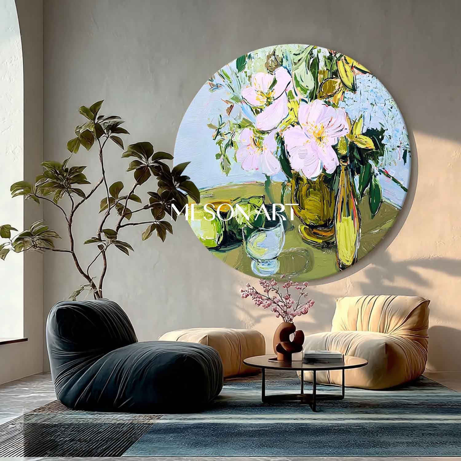 Round Floral Still Life Oil Painting – Vase, Fruit, and Glass