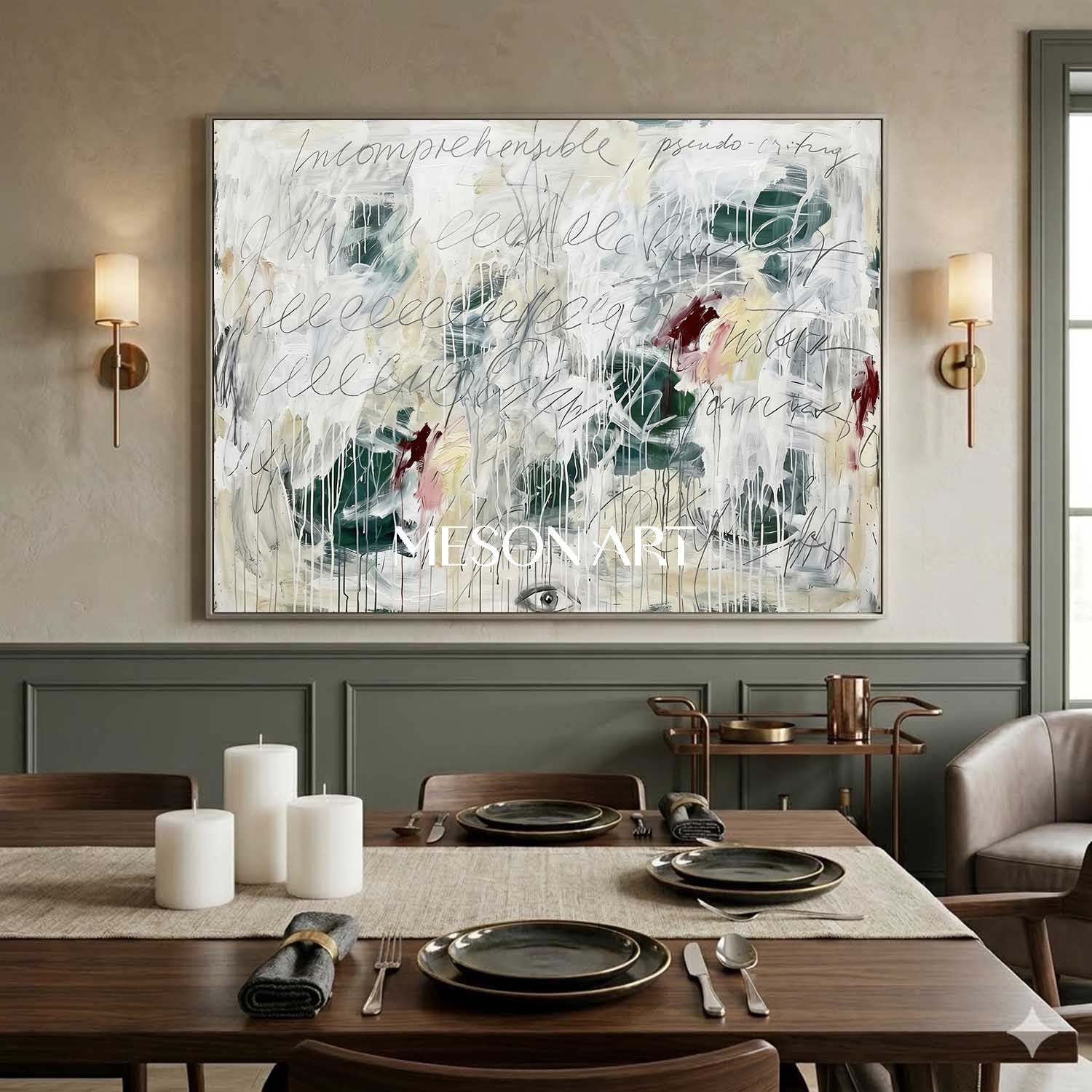 Large White Drip Graffiti Painting Handmade Textured Script Canvas Office