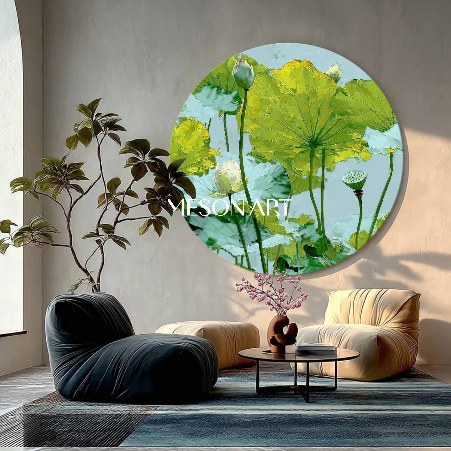 Round Lotus Landscape Canvas – Botanical Wall Art in Greens