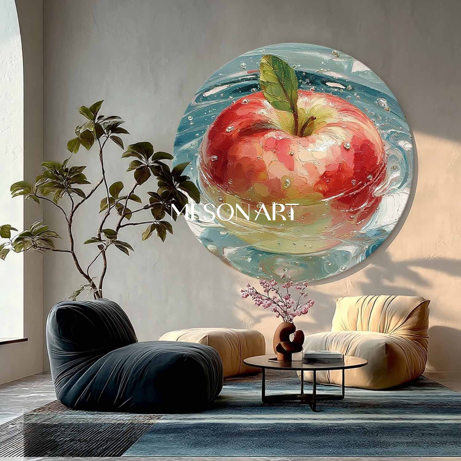 Round Apple Oil Painting on Canvas – Hand-Painted Kitchen Wall Art