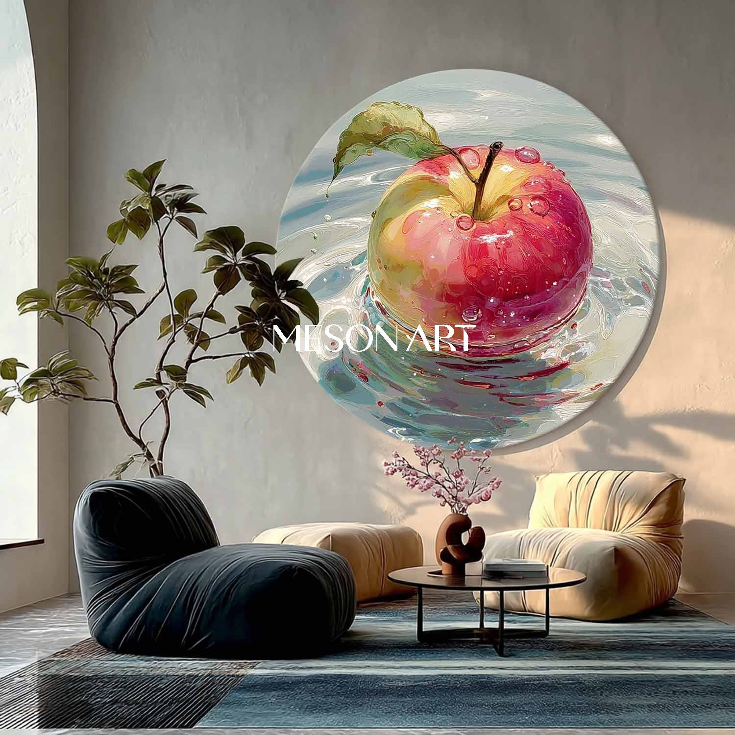 Round Apple Oil Painting on Canvas – Hand-Painted Kitchen Wall Art
