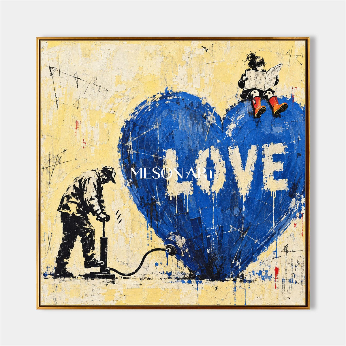 Blue And Yellow Graffiti Pop Art Painting Original Artist Hand Painted Square Wall Art For Living Room By Mesonart