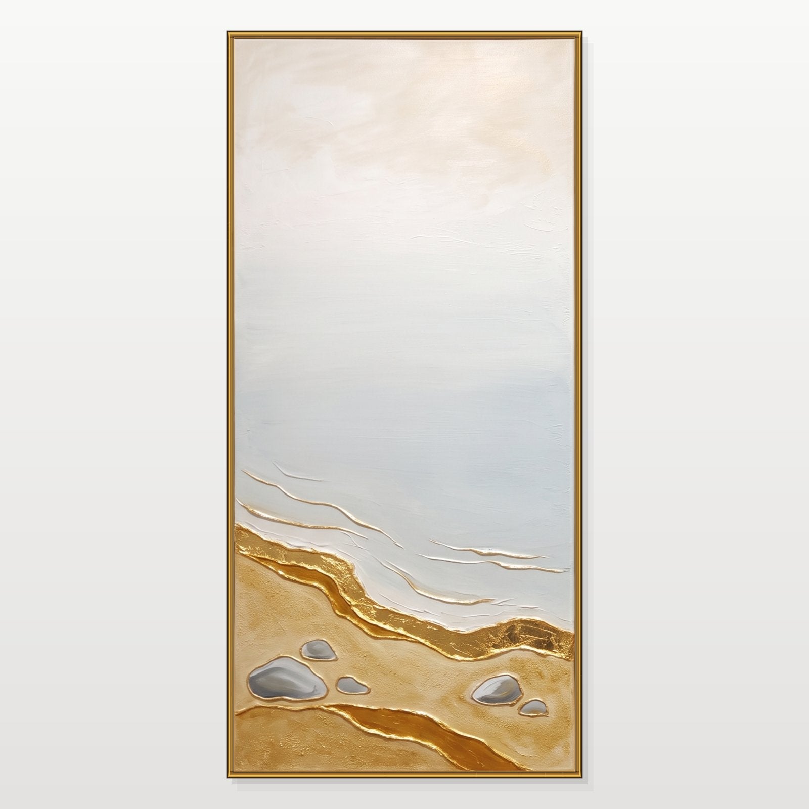 Quadro 3D raffigurante una spiaggia dorata con texture e dettagli metallici, ideale per l'arredamento di un soggiorno moderno