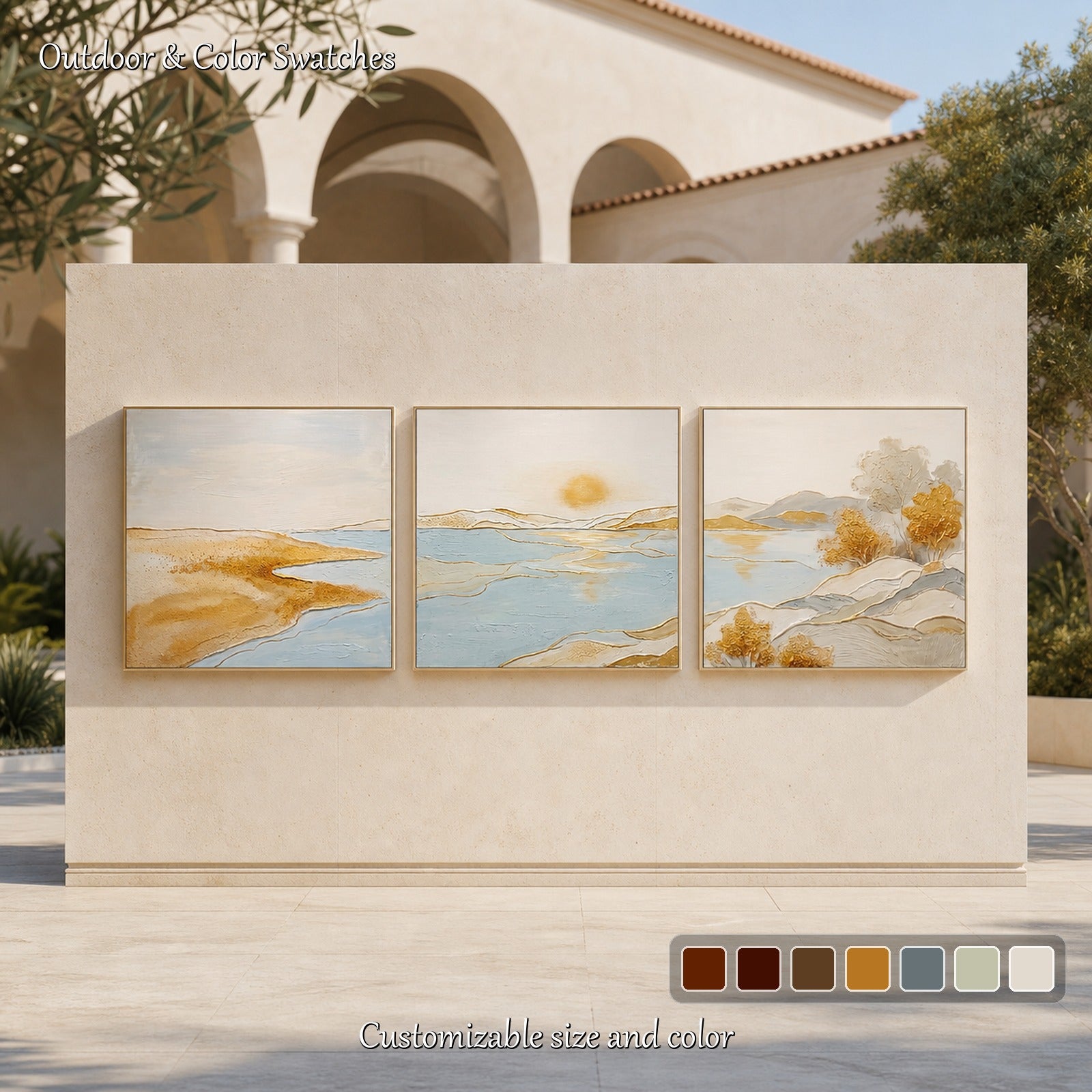 Trittico Art Déco raffigurante il paesaggio di Gold Lake, con pennellate delicate, per salotti moderni
