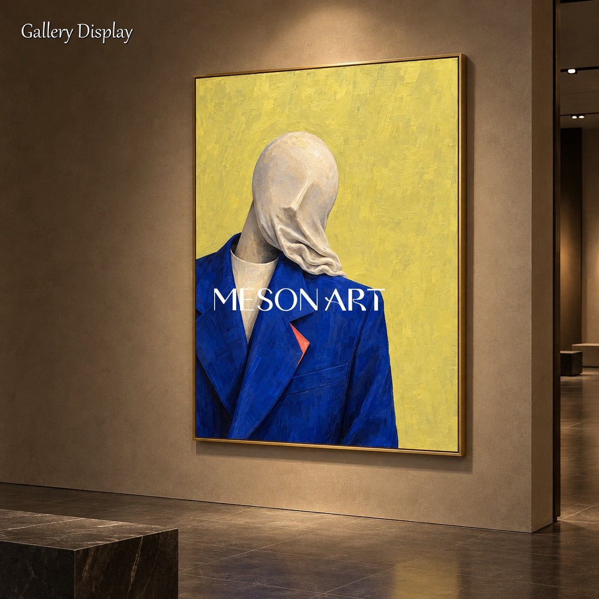 Blue And Yellow Surrealist Portrait Painting Rectangular Wall Art For Living Room By Mesonart