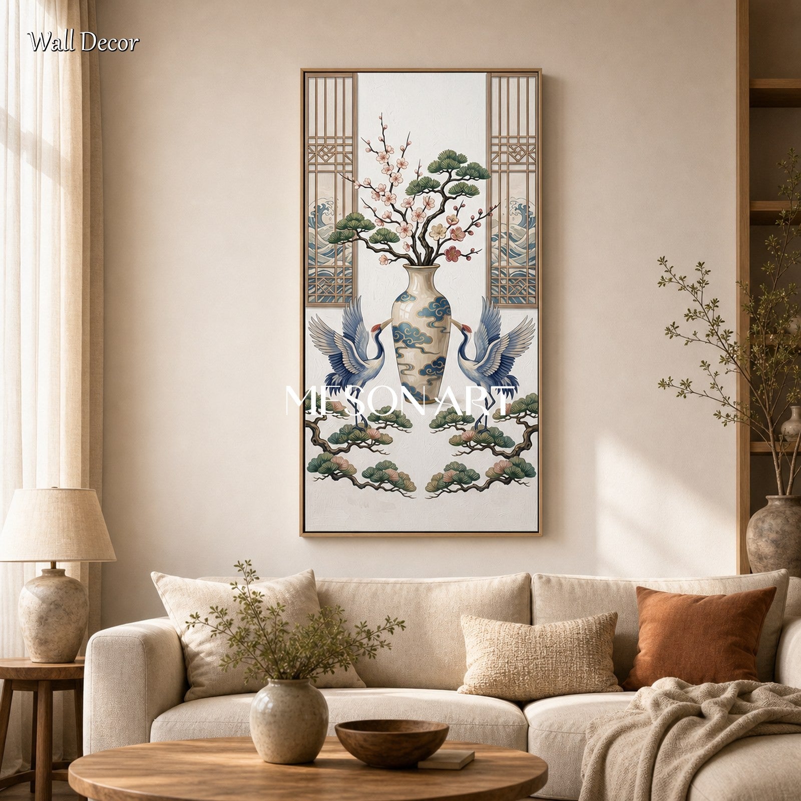 White Crane Painting For Living Room Elegant Chinoiserie Wall Art With Floral Vase