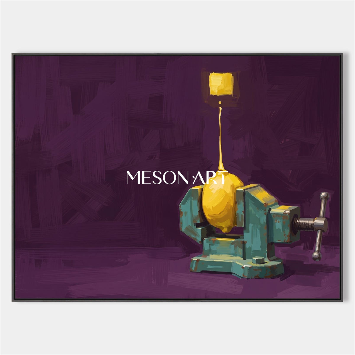 Dipinto a olio surrealista raffigurante una natura morta nei toni del viola e del giallo, quadro rettangolare da appendere in soggiorno, realizzato da Mesonart