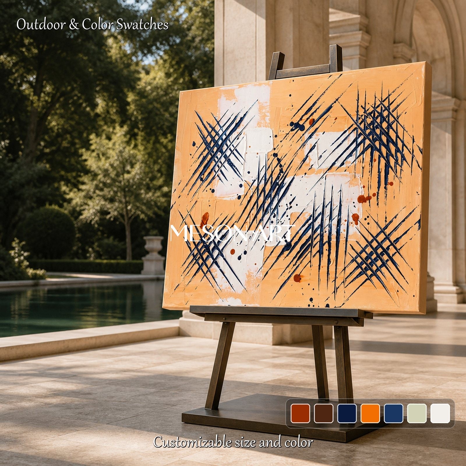 Orange And Black Abstract Painting Inspired By Jackson Pollock Action Style Rectangular Wall Art For Living Room By Mesonart