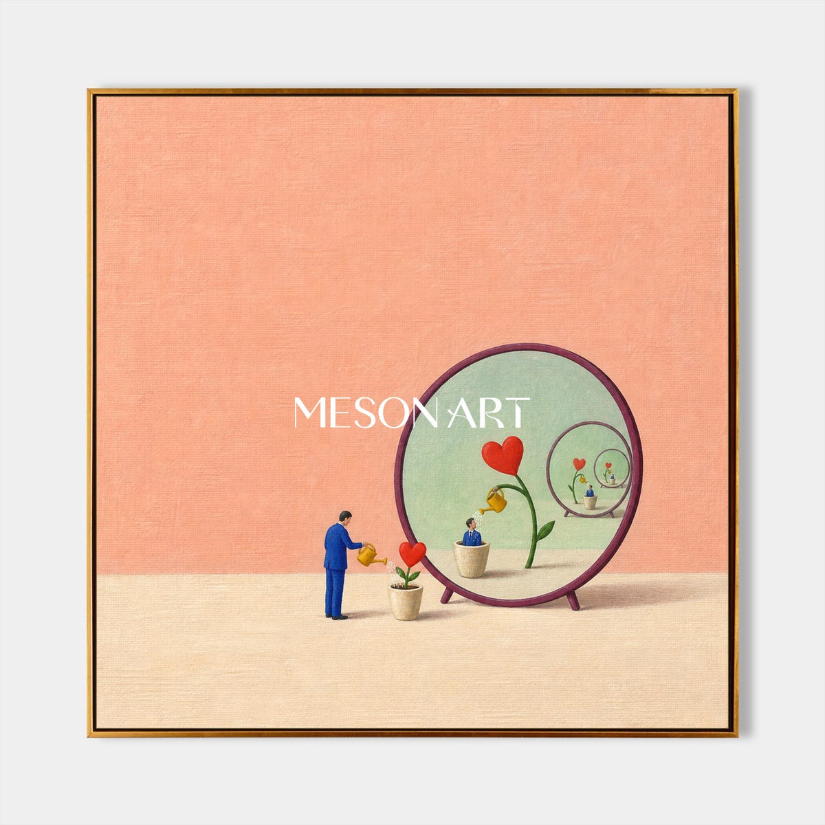 Quadro surreale con specchio rosa e rosso, opera d'arte originale da parete di forma quadrata, dipinto a mano dall'artista Mesonart