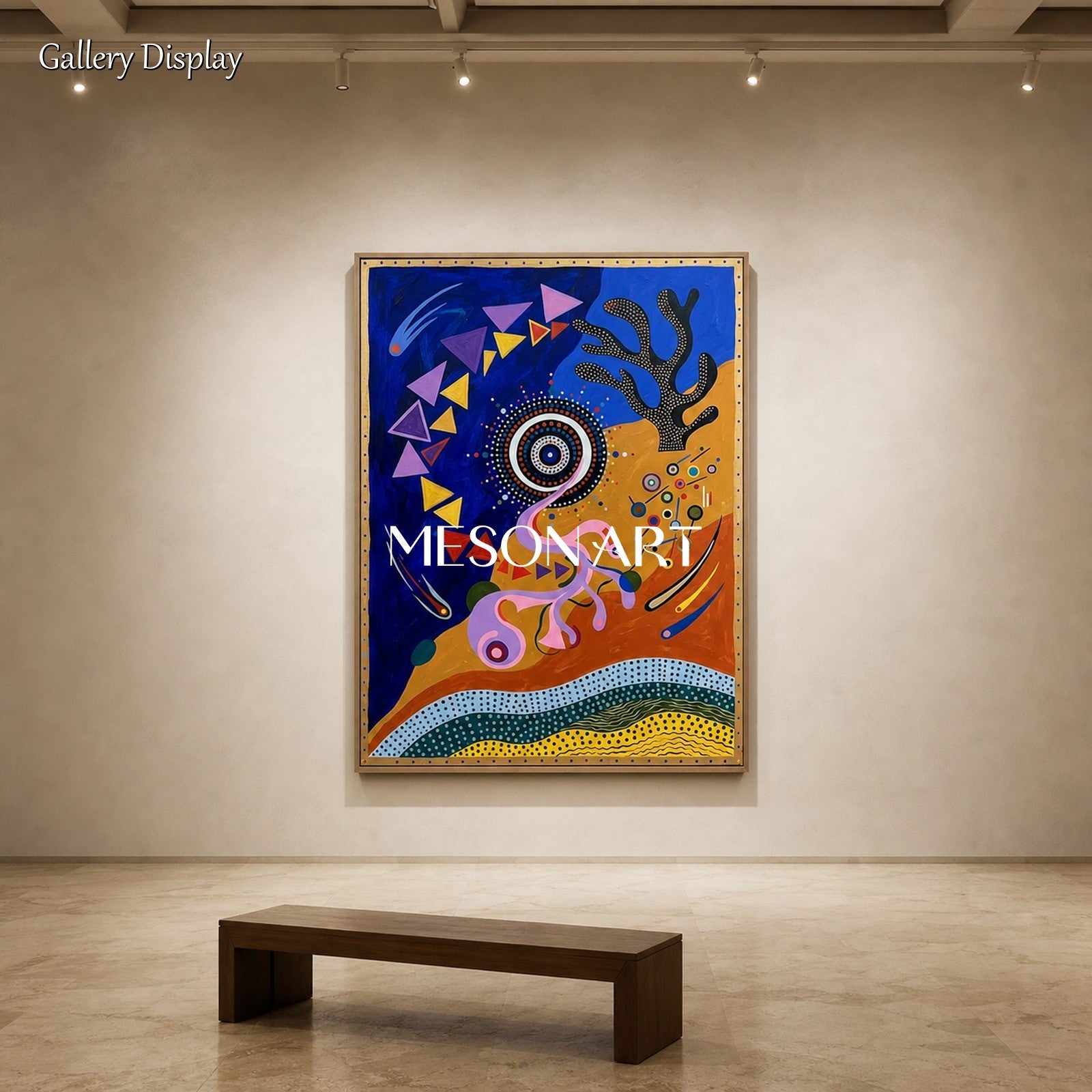 Vibrant Abstract Painting With Geometric Shapes And Blue Gold Tones For Contemporary Home Decor