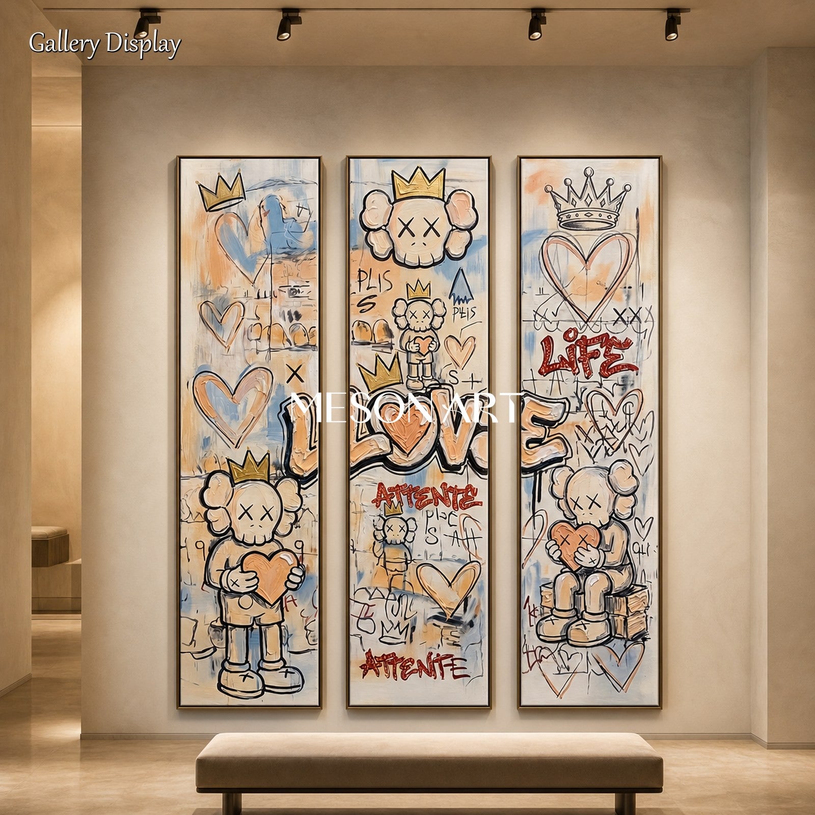 Original Graffiti Triptych With Kaws Inspired Icons For Modern Living Room Decor