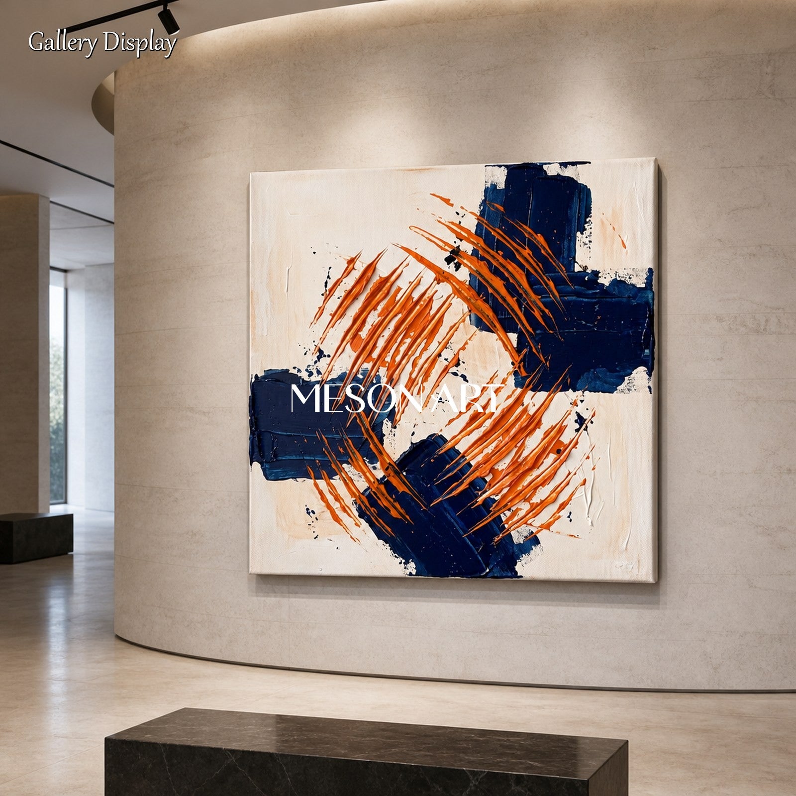 Blue And Orange Abstract Pollock Inspired Square Painting By Artist Wall Art For Living Room By Mesonart