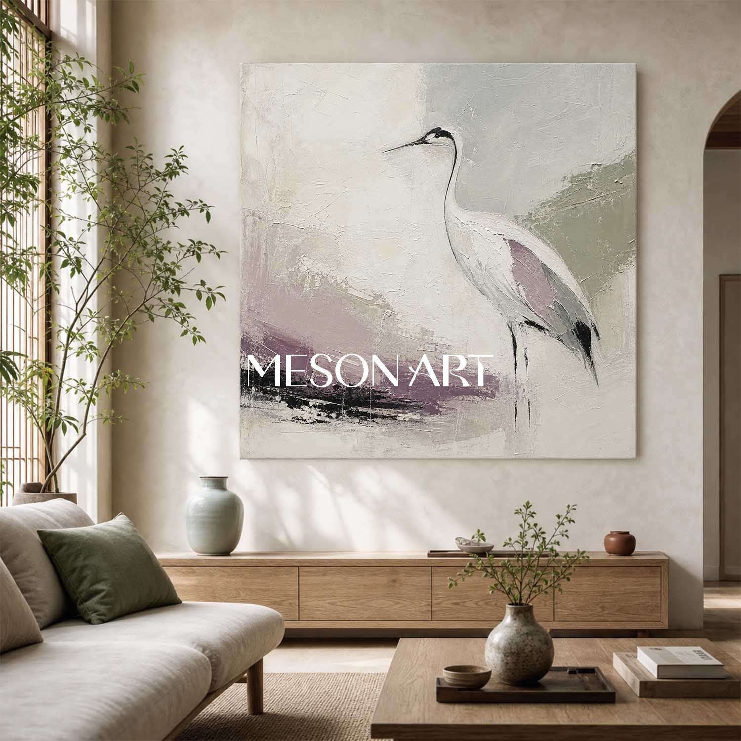 Minimalist Crane Oil Painting On Linen Canvas With Textured Brushwork For Living Room And Bedroom Decor