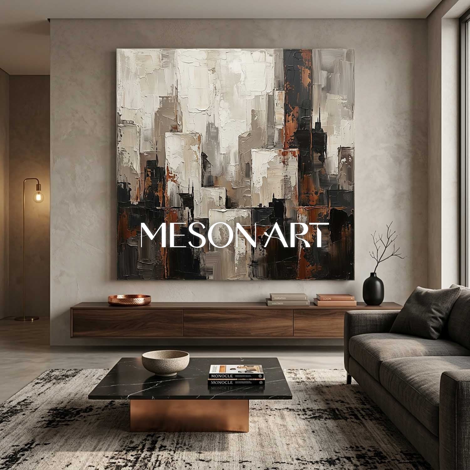 Abstract City Skyline Plaster Art With Thick Textured Relief For Industrial Loft Living Room