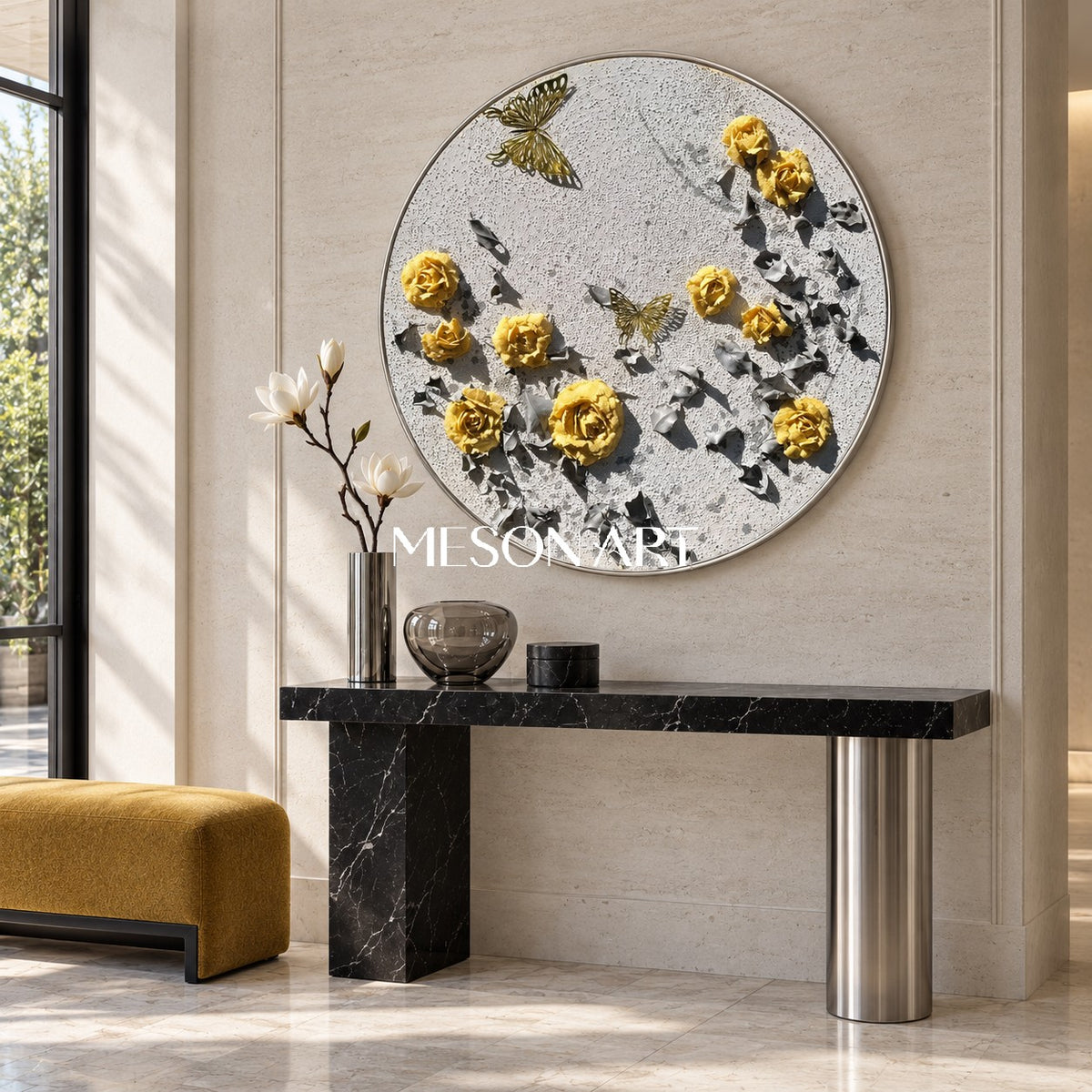 Yellow And Gray Botanical Impression Painting Circular Wall Art Original Hand Painted By Mesonart