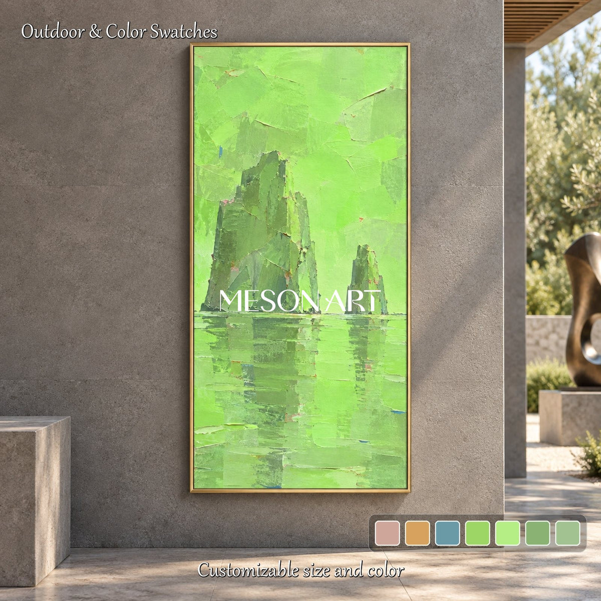 Green Abstract Landscape Painting Textured Modern Art By Artist For Living Room Panoramic Wall Decor By Mesonart