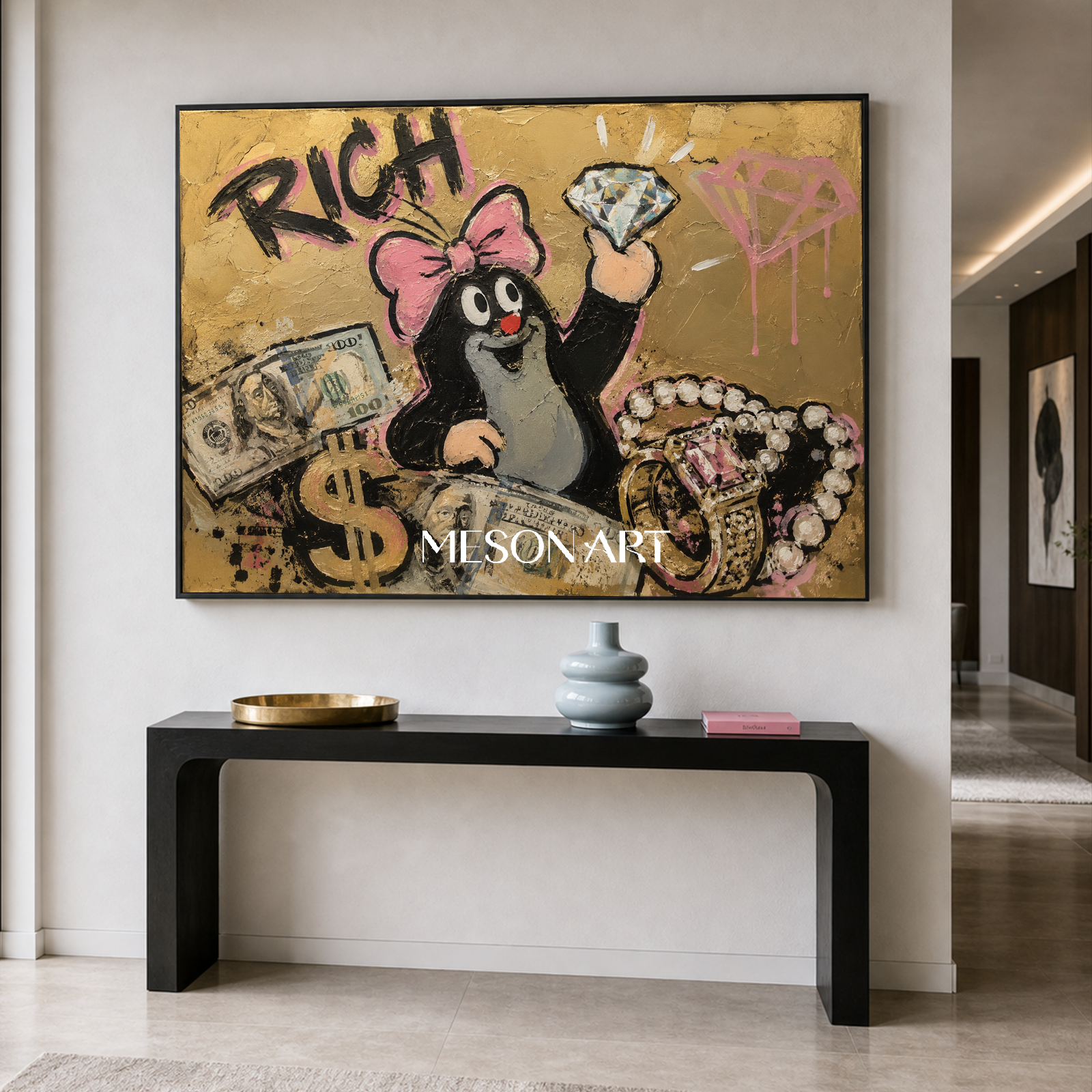 Luxury Graffiti Pop Art Painting With Gold And Pink For Modern Living Room Decor