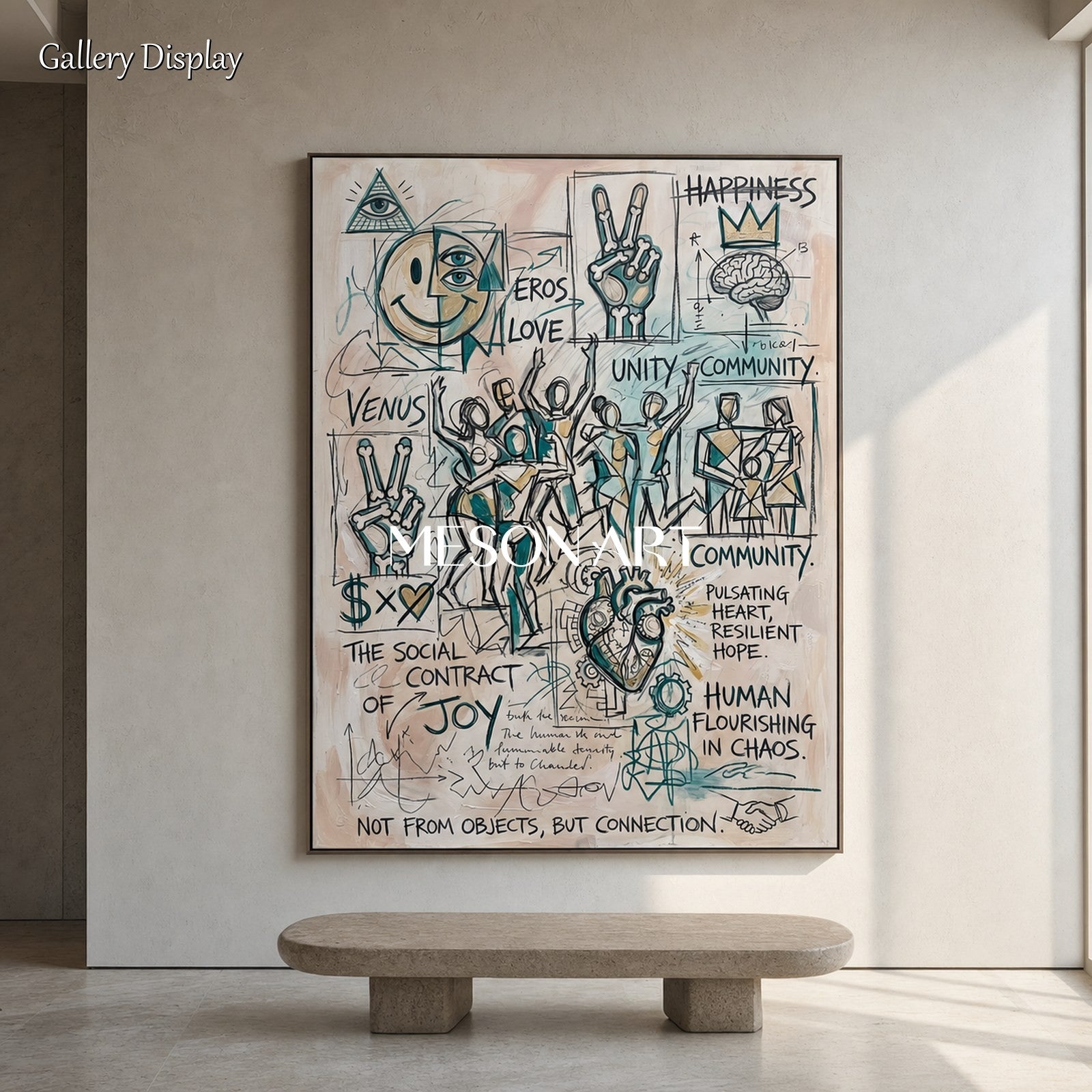 Abstract Expressionist Wall Art With Typography And Symbols For Modern Living Room Decor