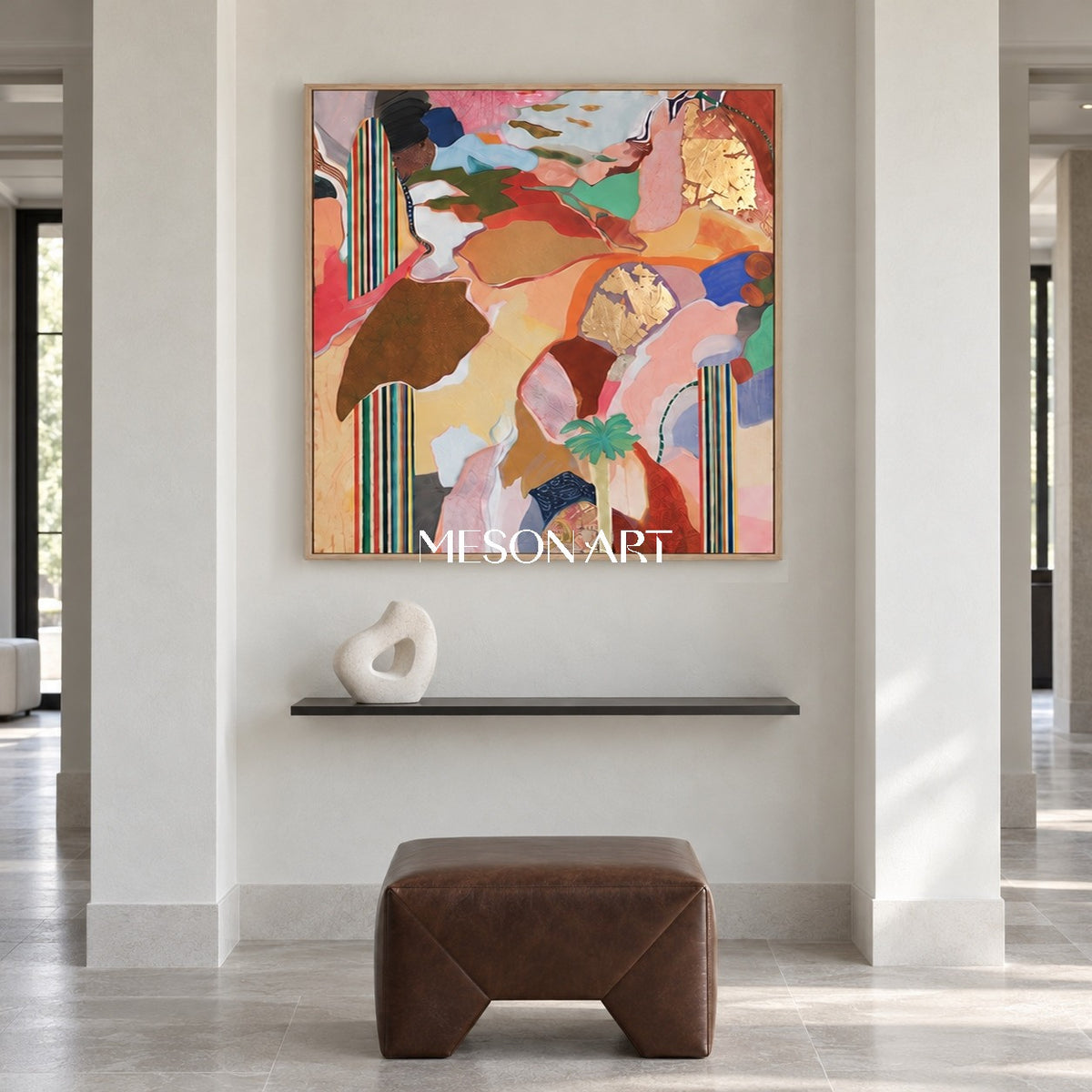Gold And Green Abstract Landscape Striped Contemporary Art Square Original Artist Hand Painted By Mesonart