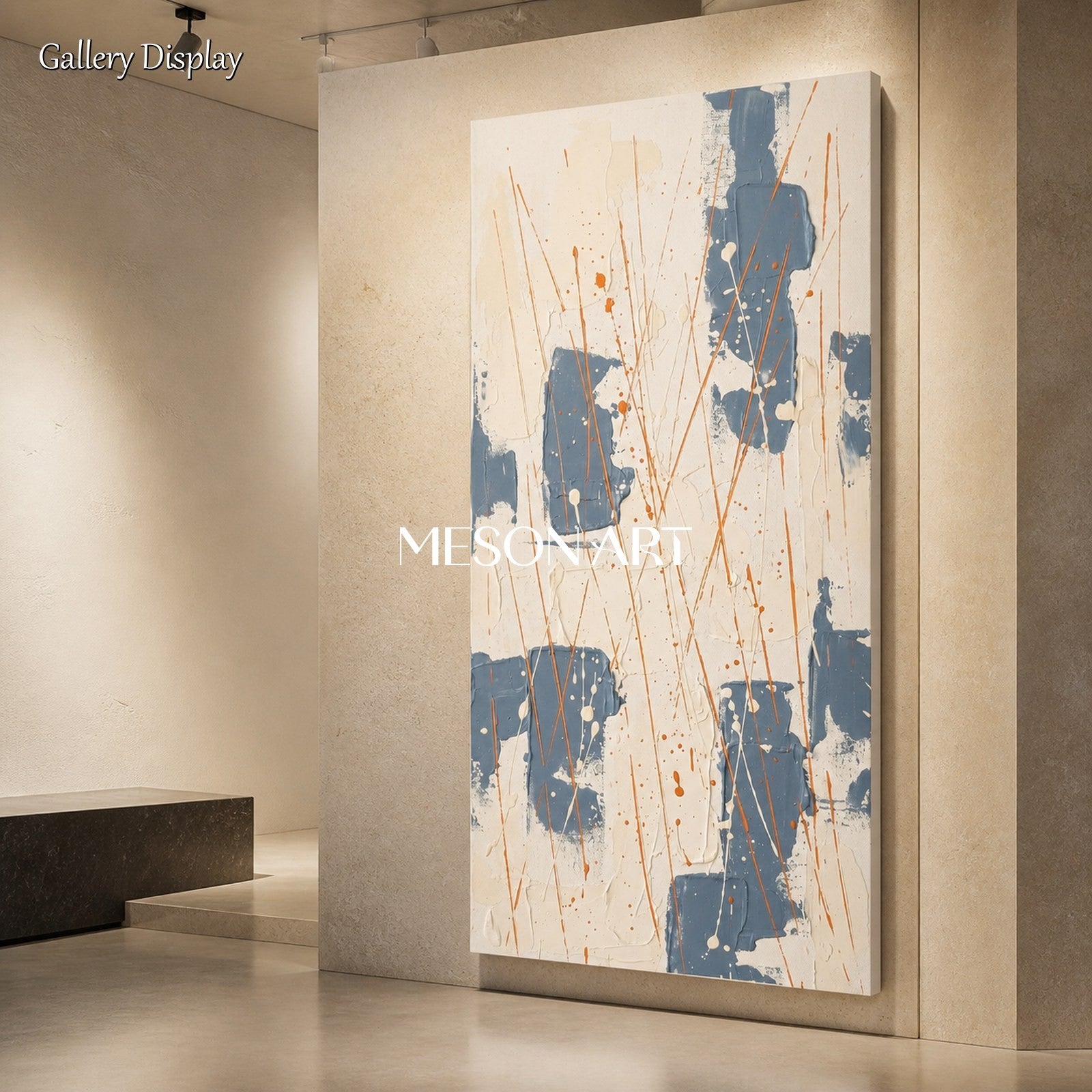Beige And Blue Abstract Painting Inspired By Jackson Pollock Style Action Art Panoramic Wall Decor For Living Room By Mesonart