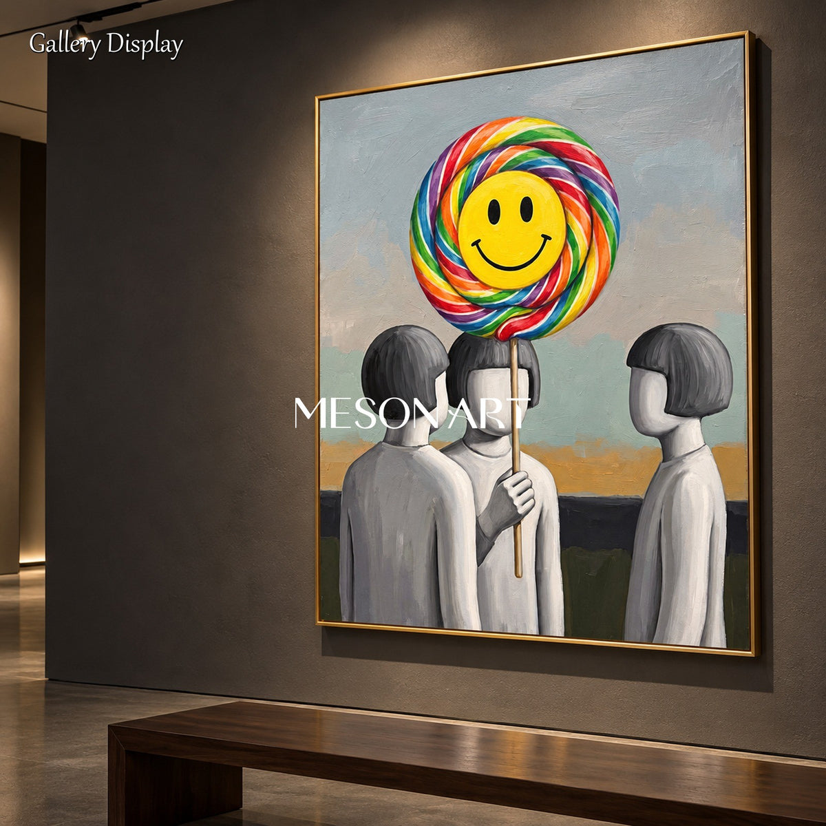 Yellow And Gray Surrealist Painting Lollipop Rectangular Wall Art Original Artist By Mesonart