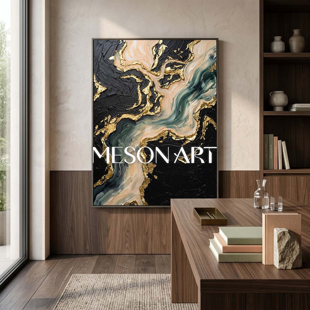 Luxury Abstract Seascape Painting With Gold Leaf Texture For Modern Living Room Decor