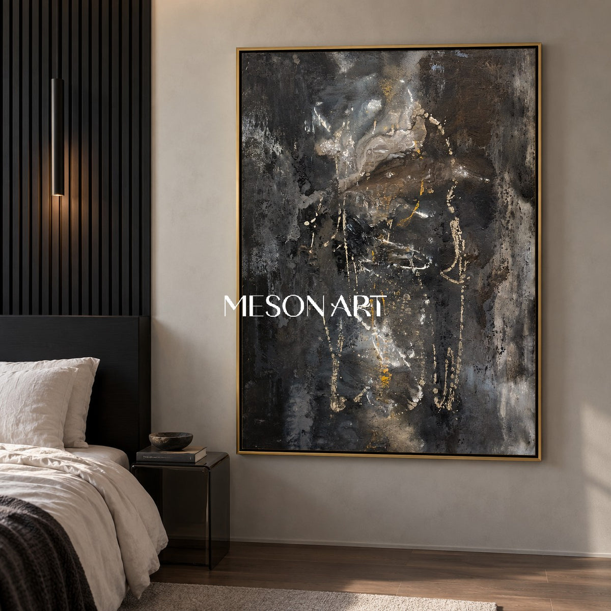 Black And Gold Abstract Painting Modern Textured Wall Art For Living Room Rectangular Canvas By Mesonart
