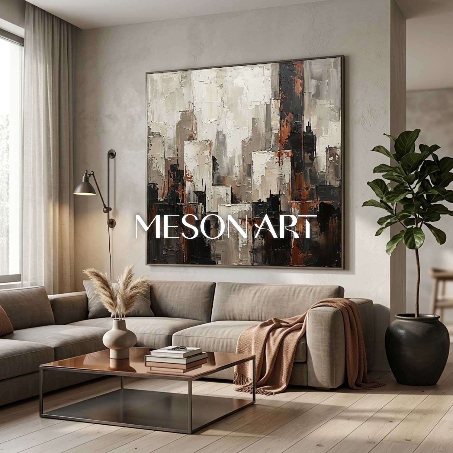 Abstract City Skyline Plaster Art With Thick Textured Relief For Industrial Loft Living Room