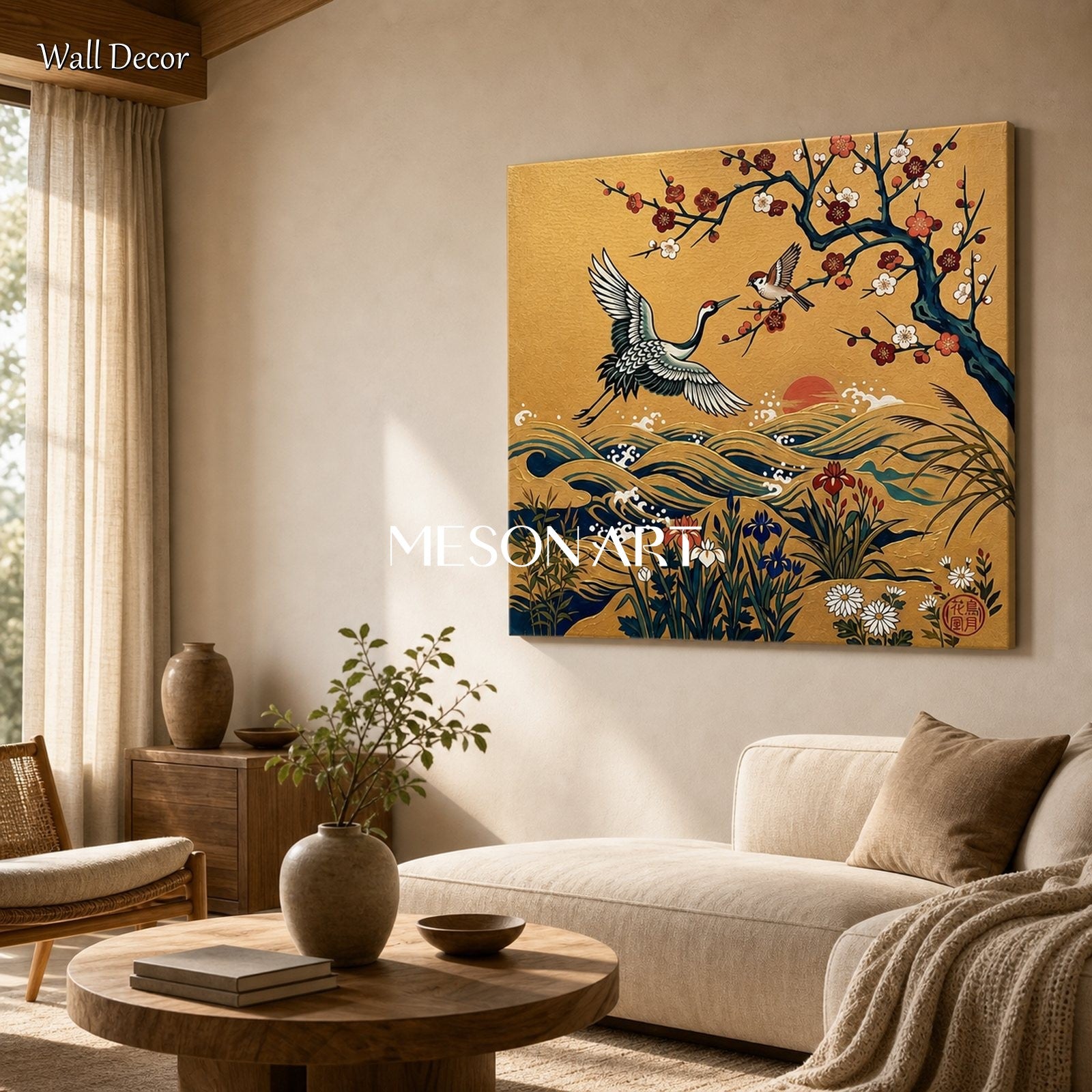 Luxury Golden Crane And Plum Blossom Wall Art For Modern Living Room Entryway