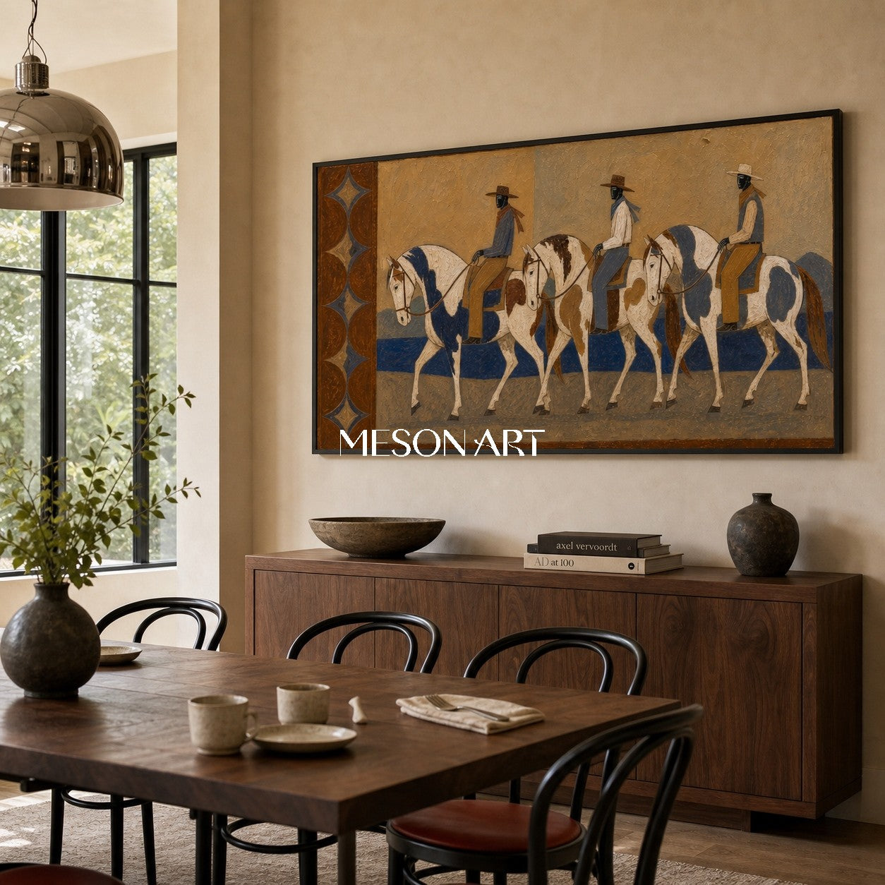 Vintage Western Horse Riders Painting Earthy Tones Decorative Art For Home Wall