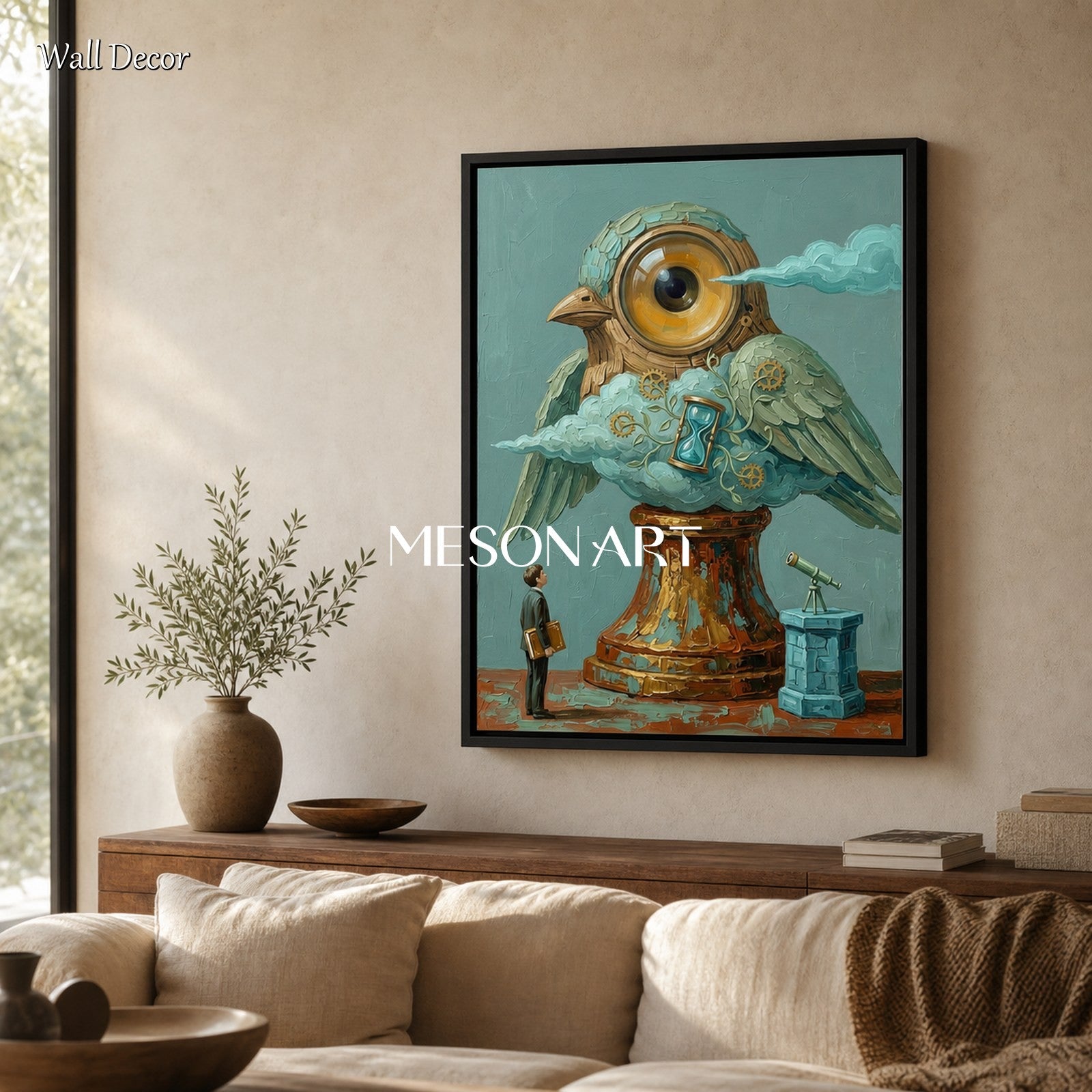 Surrealist Mechanical Owl Canvas Art With Gold Gears For Living Room And Home Office Decor