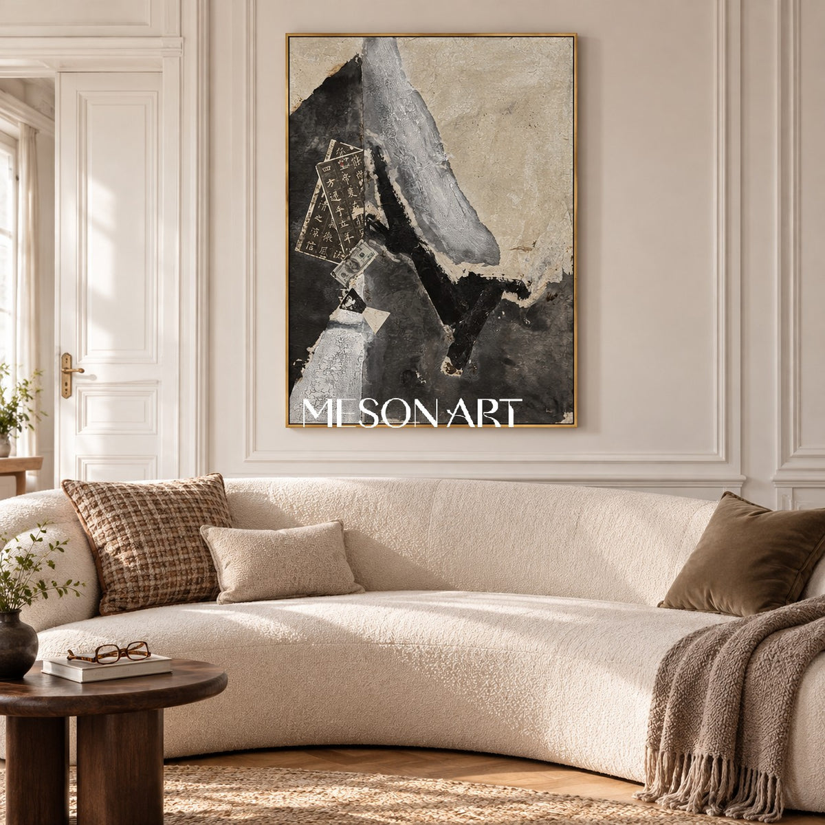 Black And White Abstract Painting Rectangular Wall Art Modern Textured Mixed Media Original By Mesonart