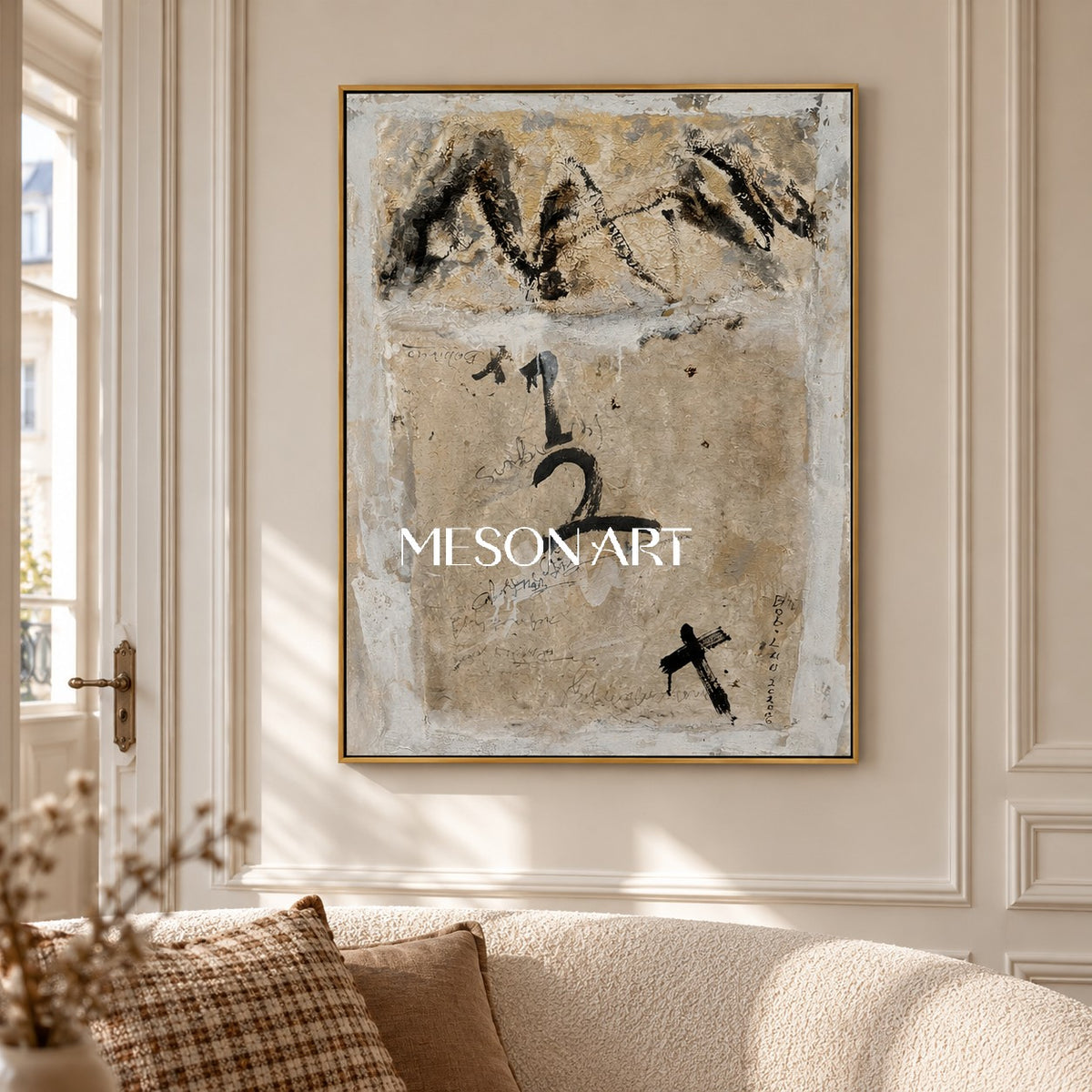 Black And Beige Abstract Art Original Mixed Media Painting Rectangular Wall Decor For Living Room By Mesonart
