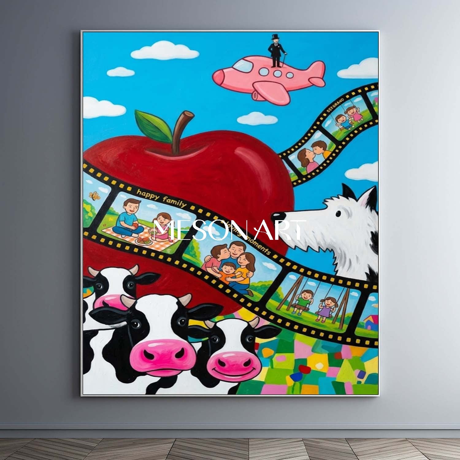 Surrealist Family Art With Cows And Apple For Kids Room Decor
