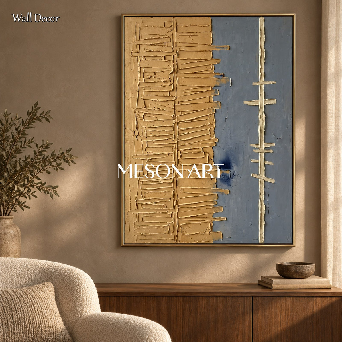 Beige And Gray Wabi Sabi Textured Painting Original Artist Rectangular Wall Art For Living Room By Mesonart